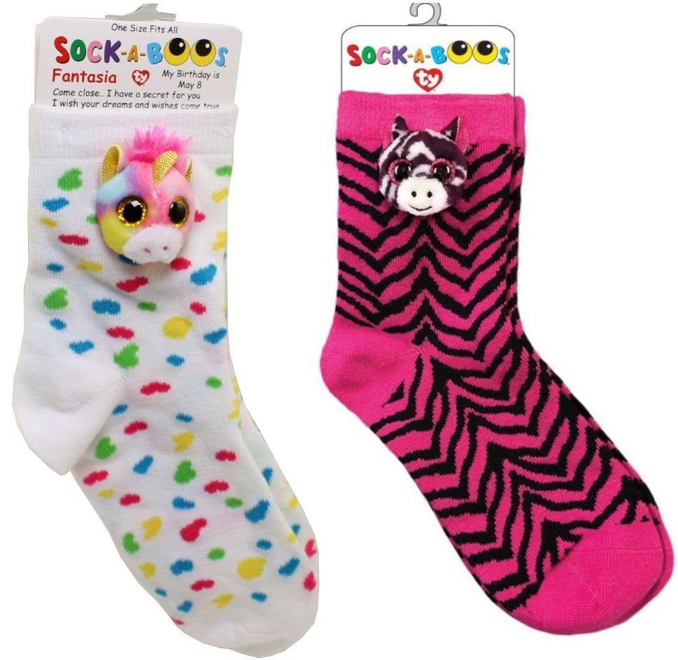 coole-fun-t-shirts Feinsocken 6-12 Fashion Socken pink Doppelpack TY + Einhorn Mädchen SOCK-A-BOOS + Jahre Kuscheltier Zoey Socken 3D + Fantasia Zebra beige