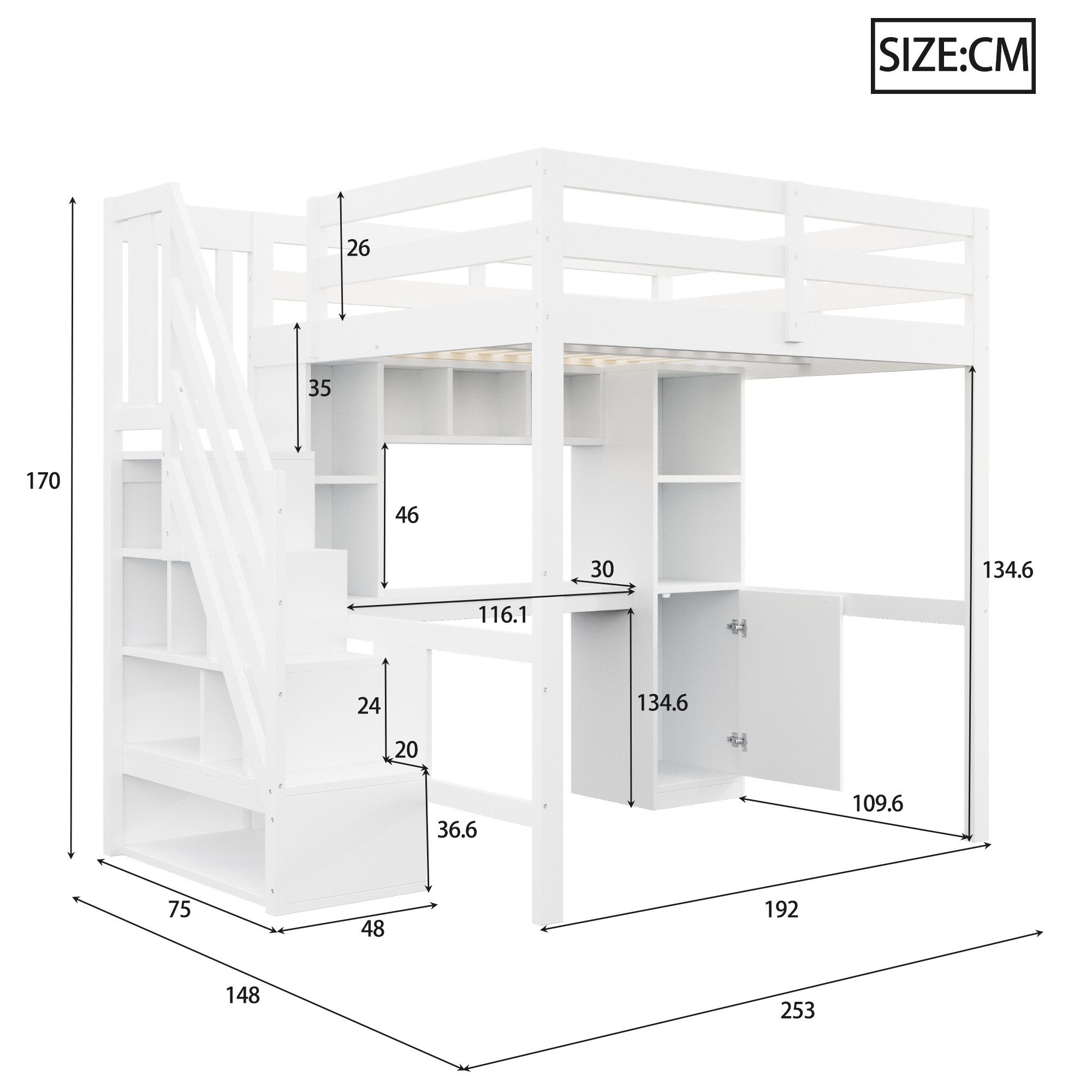 Celya Hochbett mit Treppe, LED-Beleuchtung und EU-Standard-Steckdosen (ohne Matratze, mit Schreibtisch, Regalen und hohen Sicherheitsgittern) Geeignet für Schlafzimmer, Kinderzimmer und Jugendzimmer