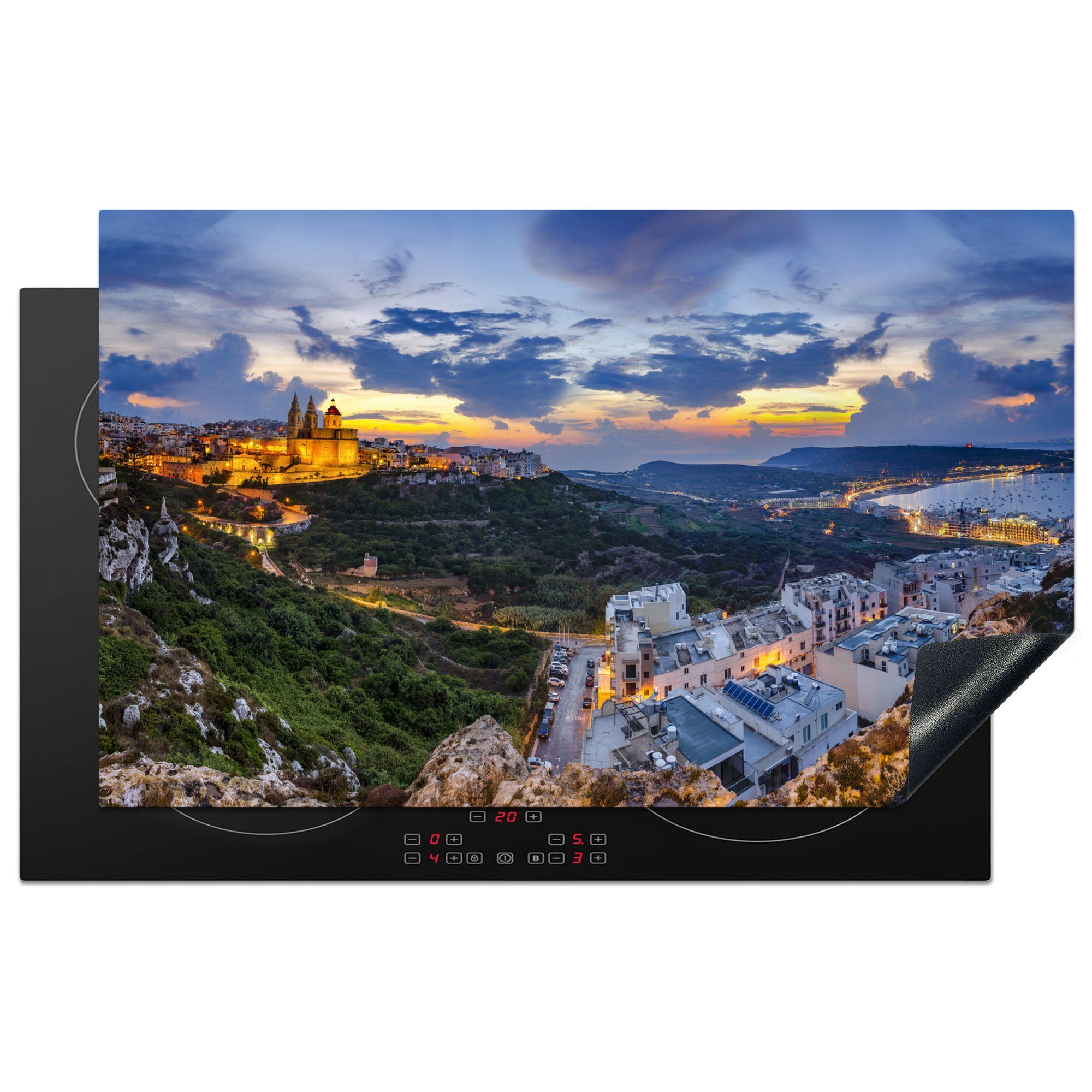 MuchoWow Herdblende-/Abdeckplatte Blick auf die Stadt Mellieħa bei Sonnenuntergang auf Malta, Vinyl, (1 tlg), 83x51 cm, Ceranfeldabdeckung, Arbeitsplatte für küche | Herdabdeckplatten