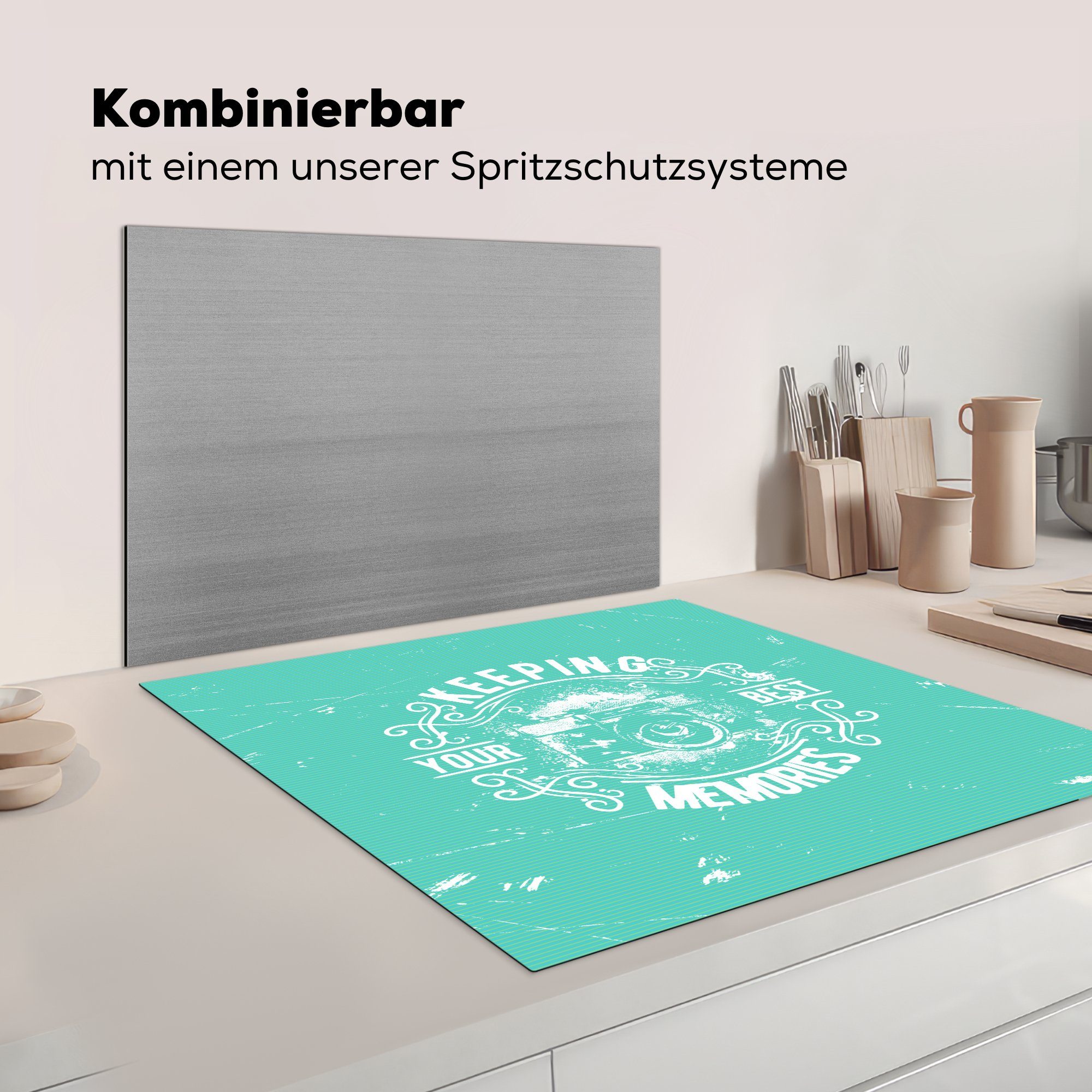 Text, (1 cm, Jahrgang MuchoWow küche 78x78 Kamera - tlg), für Ceranfeldabdeckung, - Arbeitsplatte Vinyl, Herdblende-/Abdeckplatte