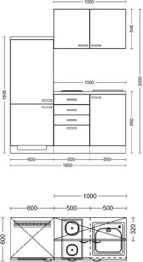 Flex-Well Küche Wito, Gesamtbreite 160 cm, mit Einbau-Kühlschrank, Kochfeld und Spüle etc.