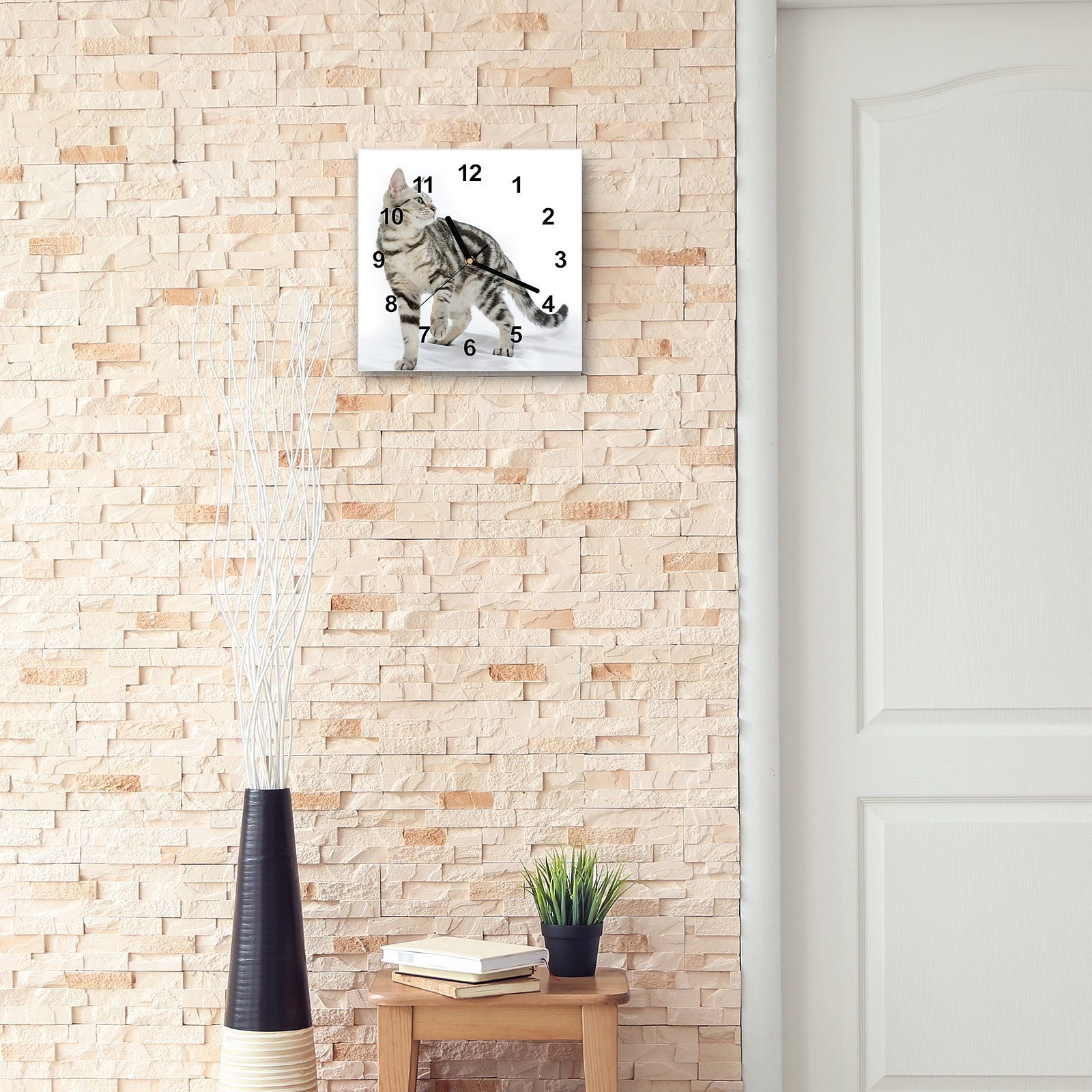 Glasuhr Katze cm Wanduhr Primedeco x 30 Wandkunst Größe Wanduhr 30 mit Getigerte Motiv