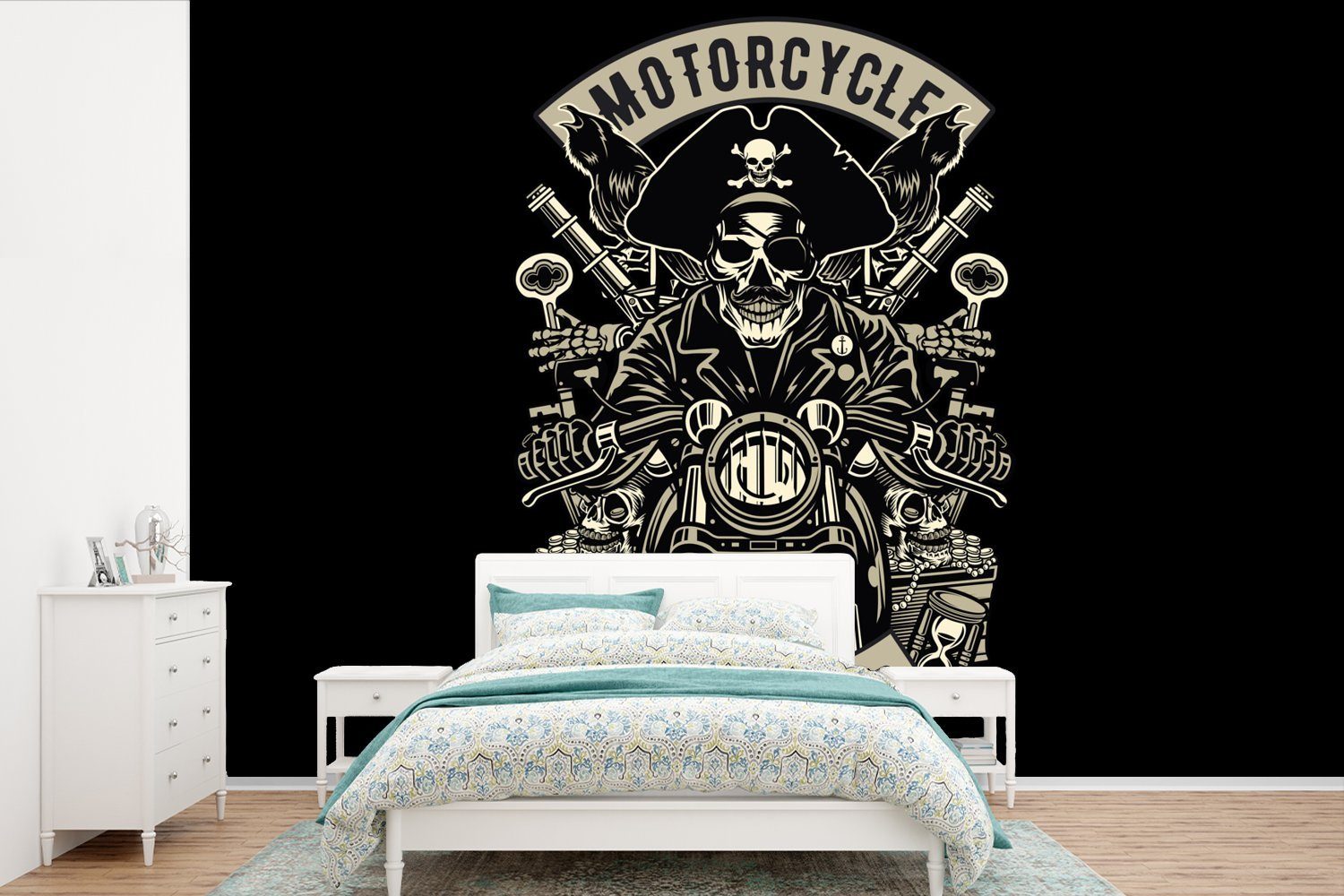 MuchoWow Fototapete Motor - St), Kinderzimmer, bedruckt, Vinyl Wallpaper Matt, Skelett für Tapete Schlafzimmer, (6 Wohnzimmer, Vintage, - Pirat 