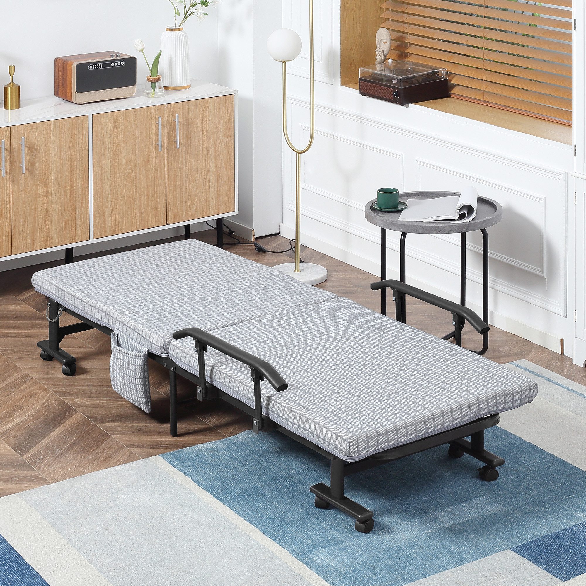 REDOM Gästebett Klappbett Hellgrau/Schwarz, Stahlrahmen, 190x76x33 cm, mit Rollen (Packung, 1-St., Gästebett mit 5-stufig verstellbarer Rückenlehne) Platzsparendes Reisebett für Gästezimmer & Camping