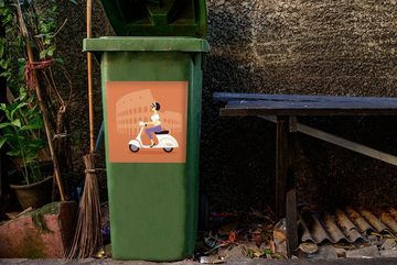 MuchoWow Wandsticker Eine Illustration eines italienischen Mädchens auf einem Motorroller (1 St), Mülleimer-aufkleber, Mülltonne, Sticker, Container, Abfalbehälter