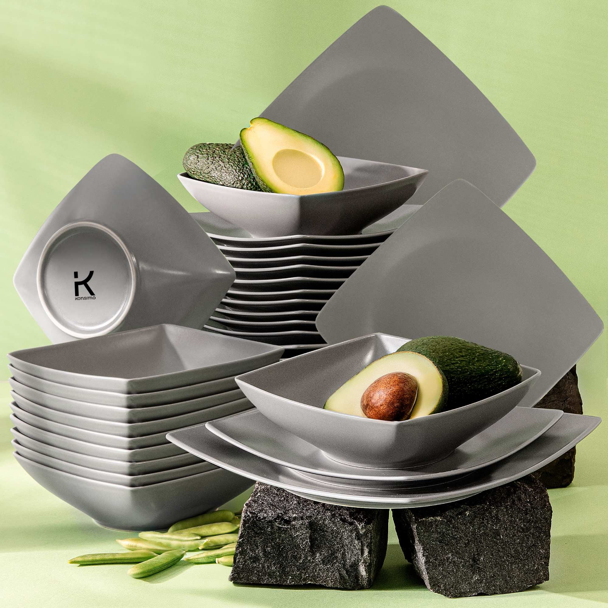 KONSIMO® Tafelservice EPIRI Speiseteller Suppenteller Dessertteller 12 Personen (36-tlg), 12 Personen, Keramik, quadratisch, Spülmaschinenfest Mikrowellenfest