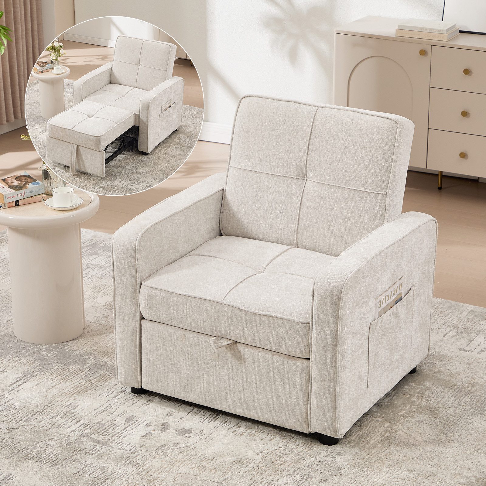 Bonzy Home Schlafsofa Einzelsofa mit Bettfunktion, Multifunktions Relaxsessel, 93*83*75cm, ausziehbares 1-Sitzer Couch, Bett Maximal 174 cm
