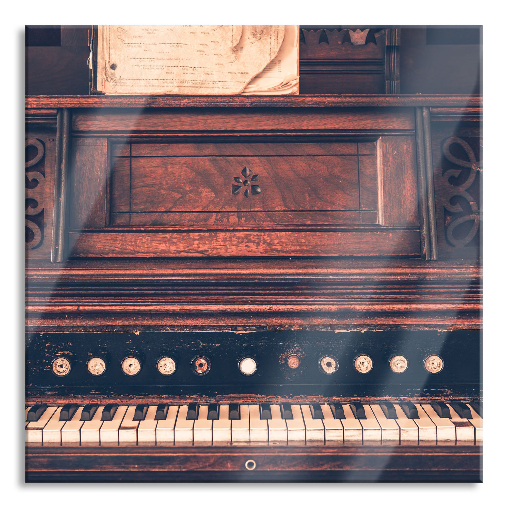 Klavier schwarz-Weiß, (1 und Pixxprint St), Aufhängungen schwarz-Weiß altes inkl. Klavier Glasbild aus altes Abstandshalter Echtglas, Glasbild