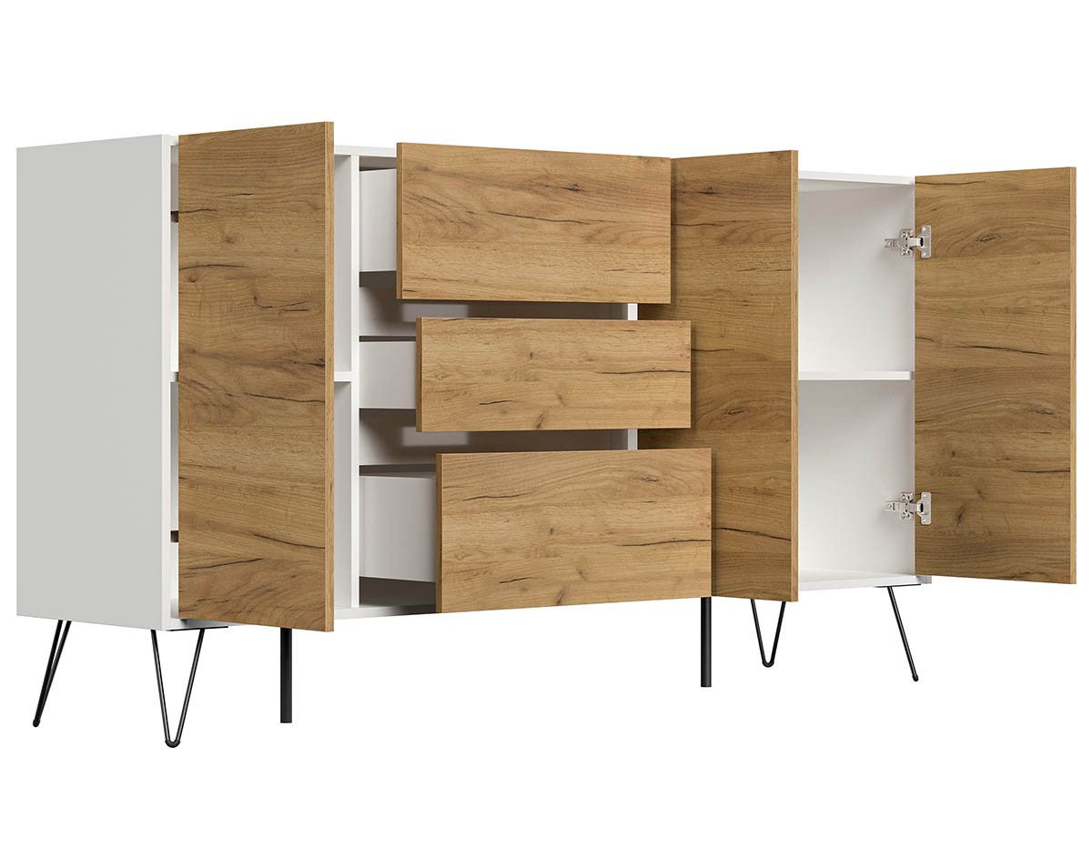 Posseik Waschtisch-Set Sideboard FAVIER 180 x 94cm, 3 Schubladen 3 Türen, weiß-eiche, (Sideboard, 1-St., Sideboard)