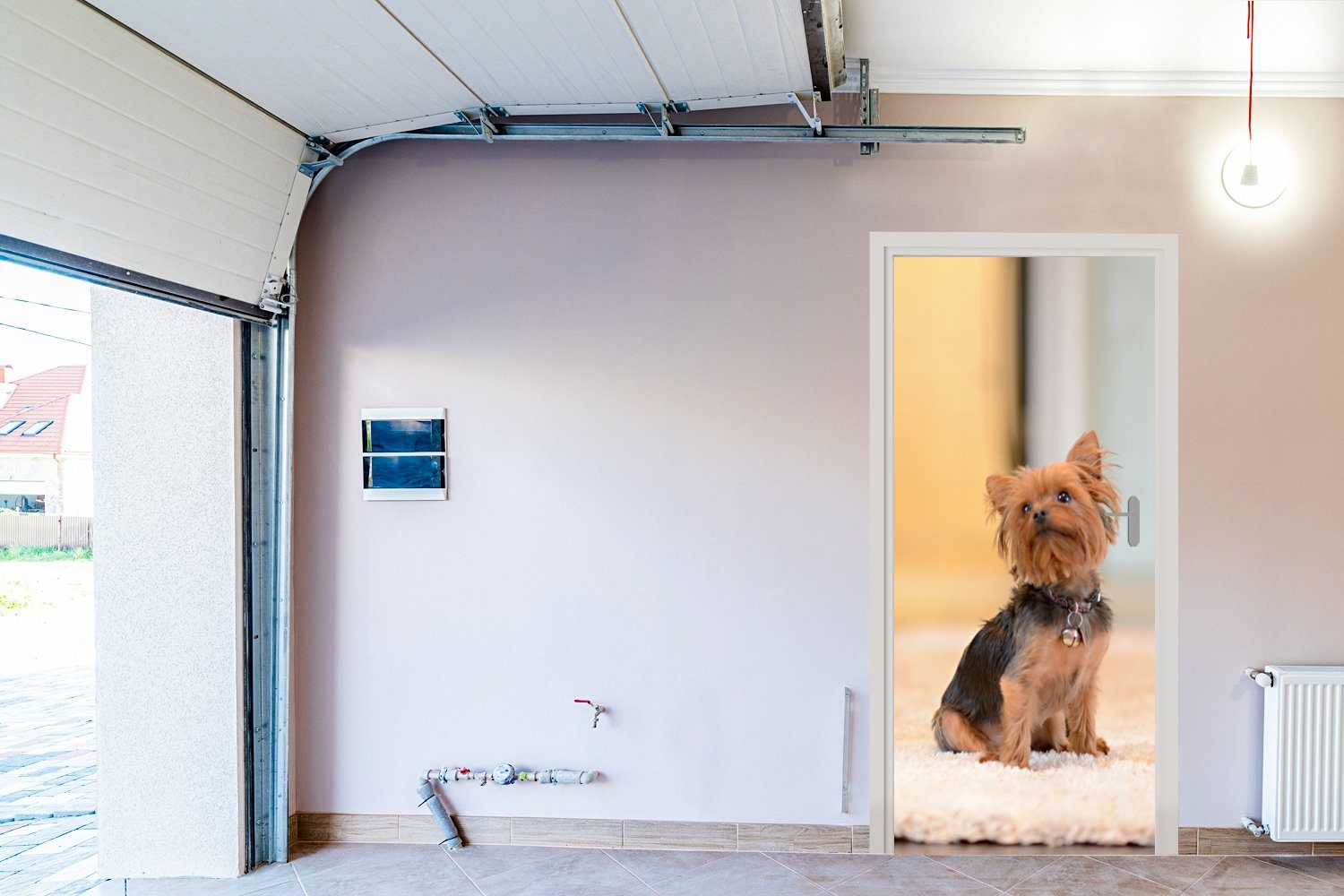 Ein Türtapete cm einem Teppich, Fototapete Terrier 75x205 auf St), (1 Matt, Türaufkleber, MuchoWow sitzt Yorkshire bedruckt, für Tür, kleiner