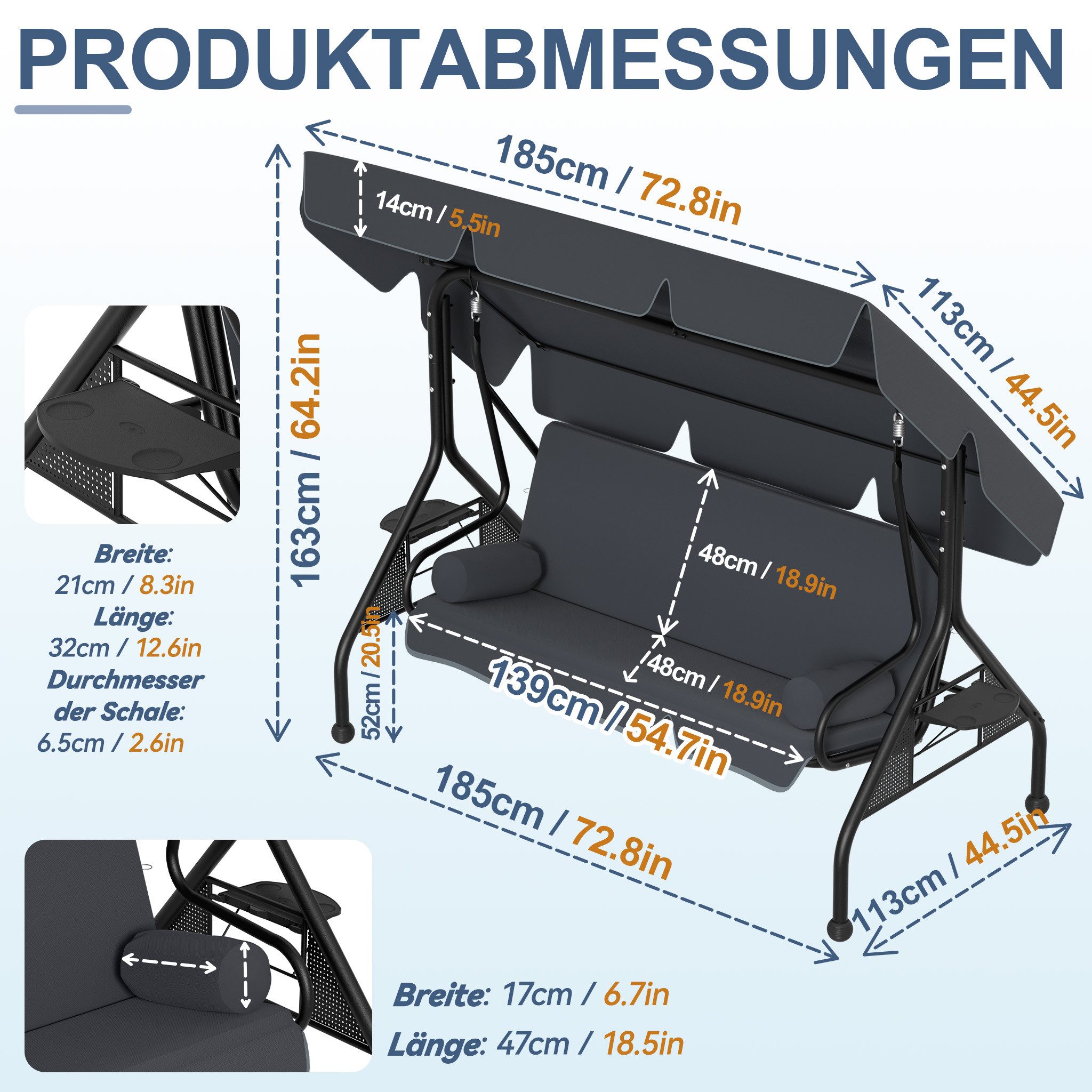 FIVMEN Hollywoodschaukel 3-Sitzer Schaukelbank mit Verstellbarem Sonnendach Sitzkissen, Gartenschaukel für Terrasse Balkon Gartenliege bis 350 kg