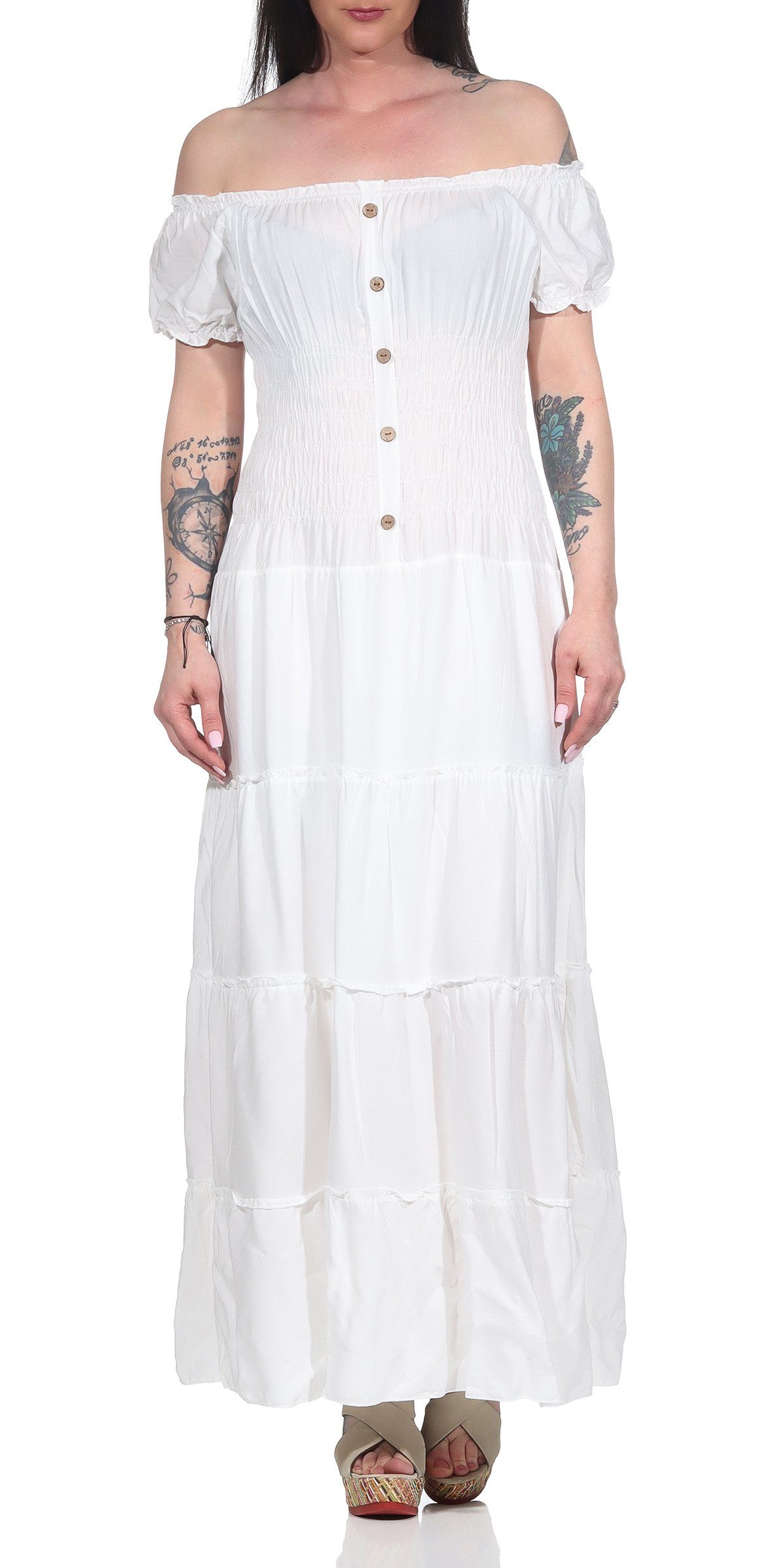 Aurela Damenmode Strandkleid Kleider Damen elegant Sommer Kleider lang  einfarbig Gesamtlänge: 132 - 135cm, Carmen- oder Rundhals Ausschnitt möglich