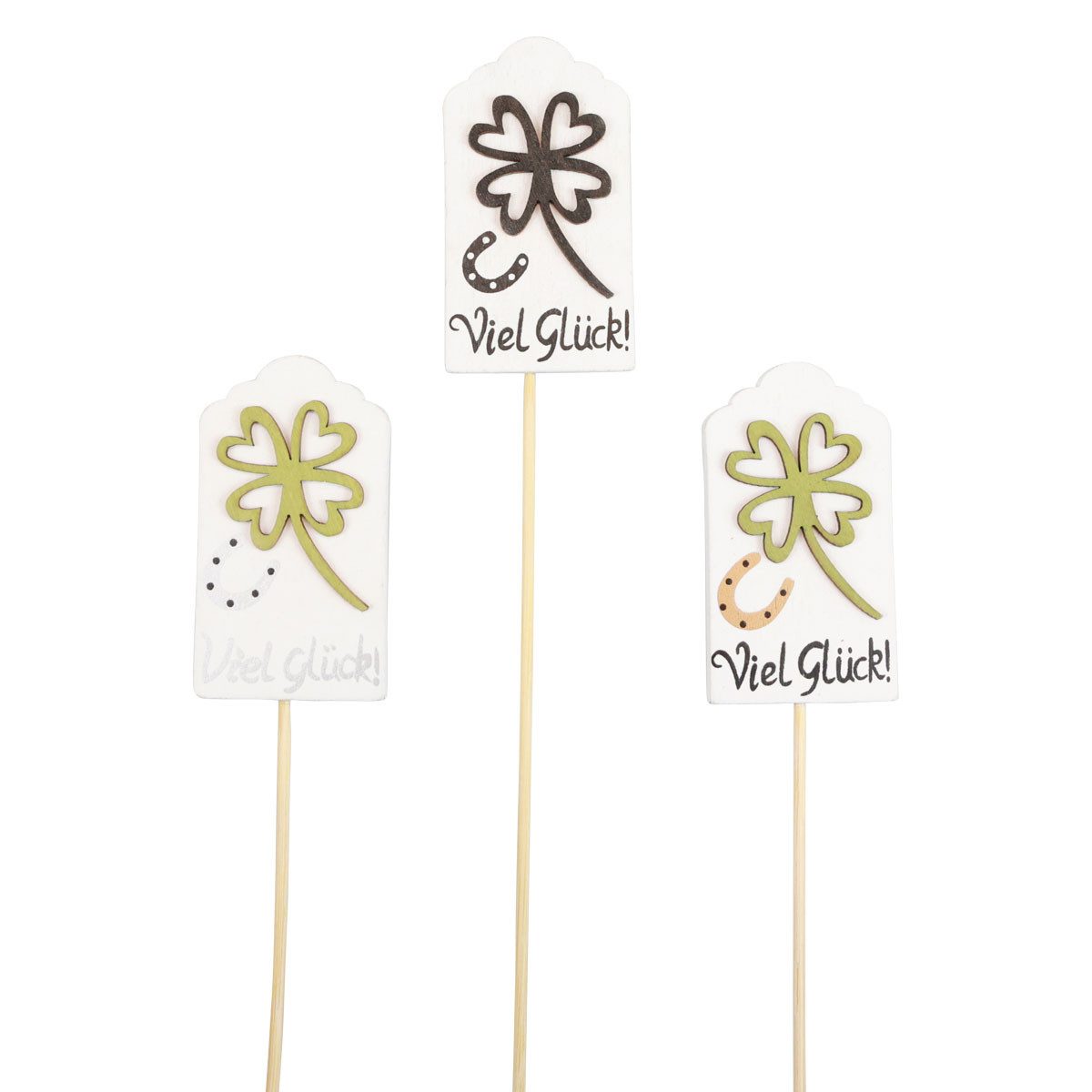 Florists Products Dekofigur Holz Blumenstecker Glücksdeko mit Kleeblatt und Hufeisen, 12 Stück
