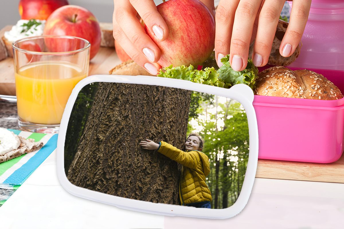 MuchoWow Lunchbox Kind - Baum Snackbox, Kinder, Brotbox Brotdose (2-tlg), Mädchen, Erwachsene, Kunststoff Wald, für - Kunststoff, rosa