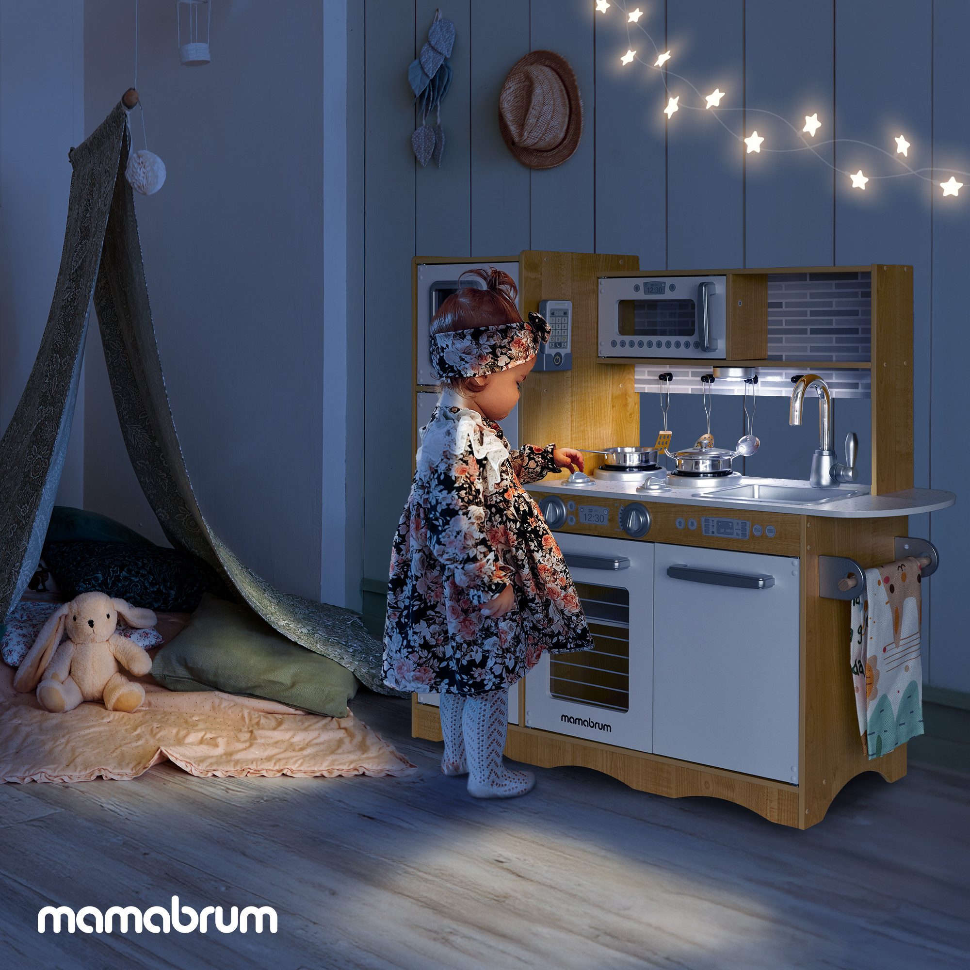 Mamabrum Kinder-Küchenset XXL-Holzküche mit LED-Beleuchtung, Schürze und Zu günstig online kaufen