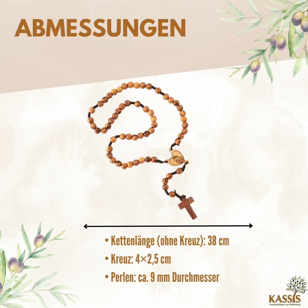 Kassis Geschenkartikel Kette ohne Anhänger Rosenkranz mit Olivenholzperlen Herz und Maria aus Olivenholz, hergestellt in Bethlehem, Gebetskette zu religiösen Anlässen