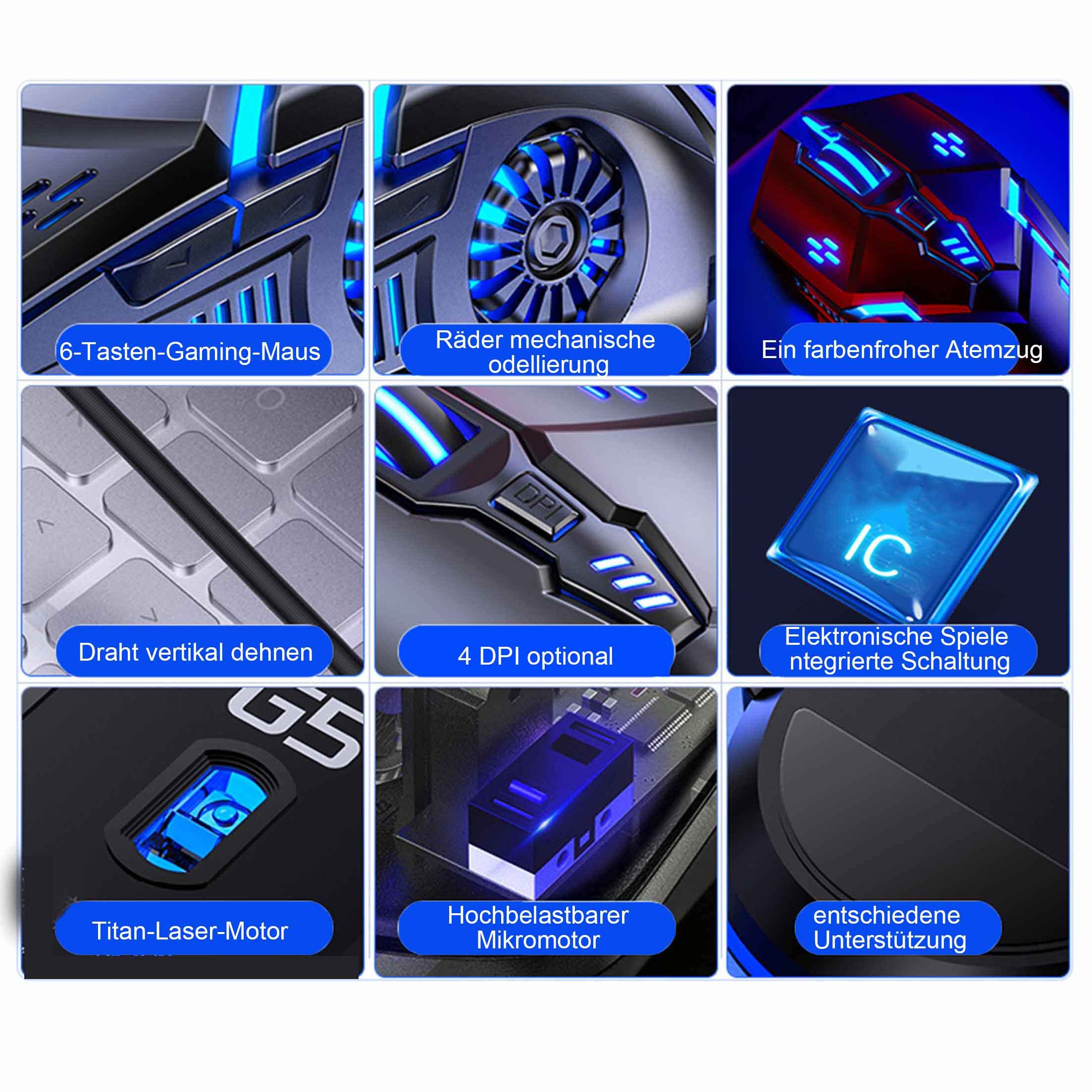 KINSI Hohe Präzision Gaming-Maus, Mechanische Maus, kabelgebundene, 6-Tasten Gaming-Maus (kabelgebunden, 7-farbig beleuchtete mechanische Gaming-Maus, stumm/stumm)