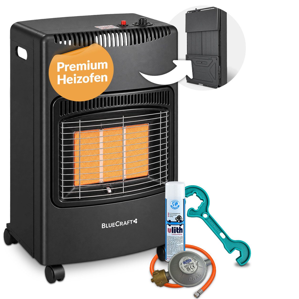 BlueCraft Heizstrahler PREMIUM Gasheizung Gasofen 4200 W Campingheizung Gas-Heizstrahler, 4200 W, 3-Stufen-Regulierung, Kompakt, Mobil, Mit Gasdruckregler + Schlauch
