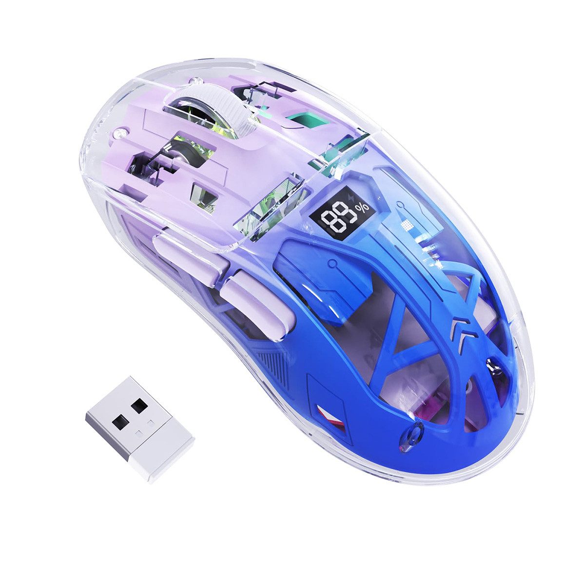 DOPWii Kabellose Gaming-Maus, 2,4G/Bluetooth Dual-Mode, RGB, 4000 DPI, Maus (PixArt 3212, Transparentes Design, Akku-Display, Für Win/MAC)
