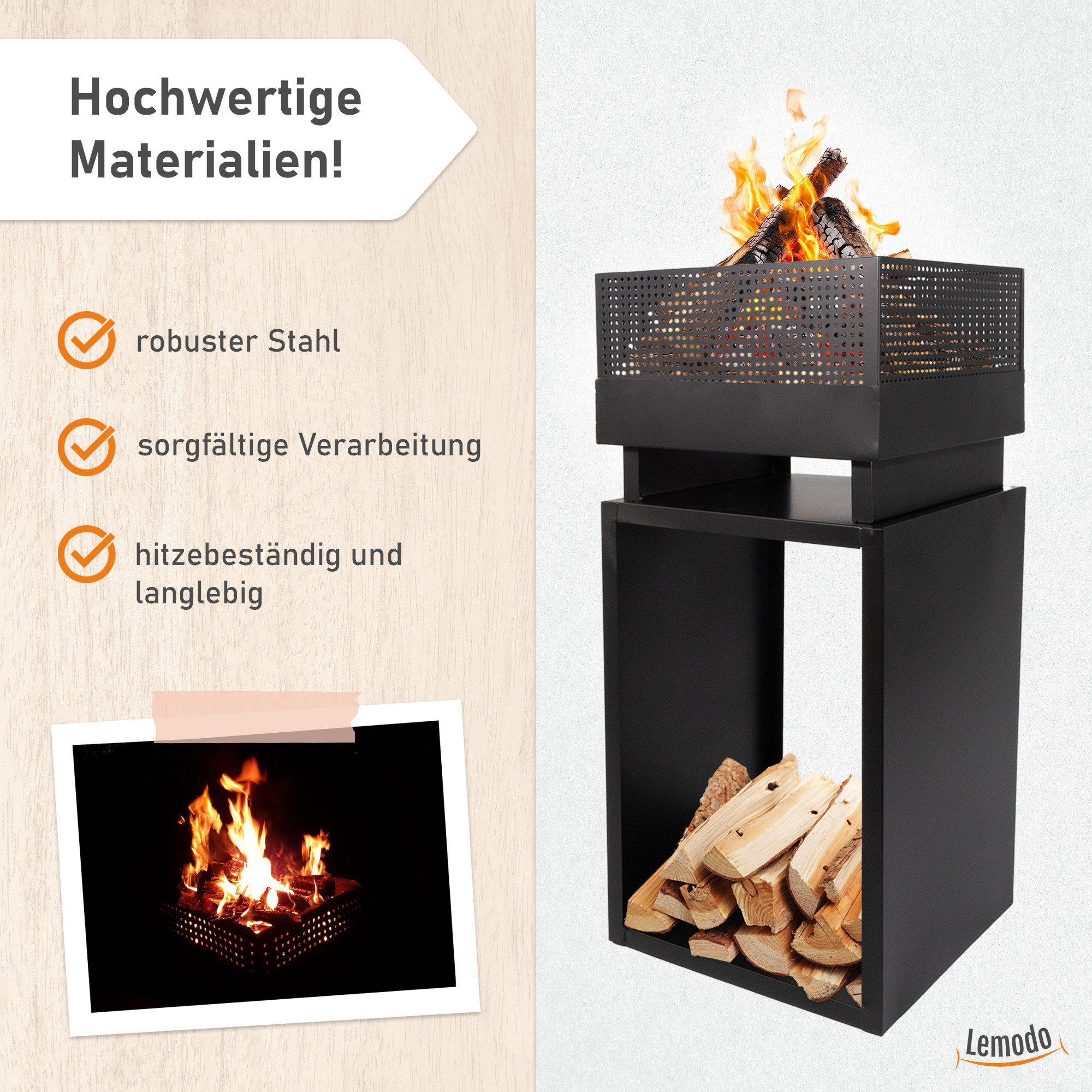 Lemodo Feuerkorb mit Holzlager, Feuerschale Stahl, Feuerstelle 85,5cm hoch, 39x39x85,5 cm, langlebiger Feuerkorb