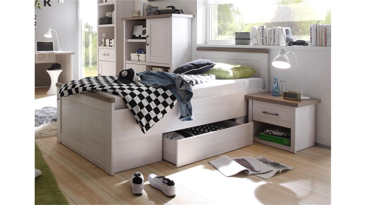 Bega Consult Jugendbett Jugendbett Luca mit Nachtkommode Pinie weiß und Trüffel, Bett inkl. Schubkasten und Nachtkommode