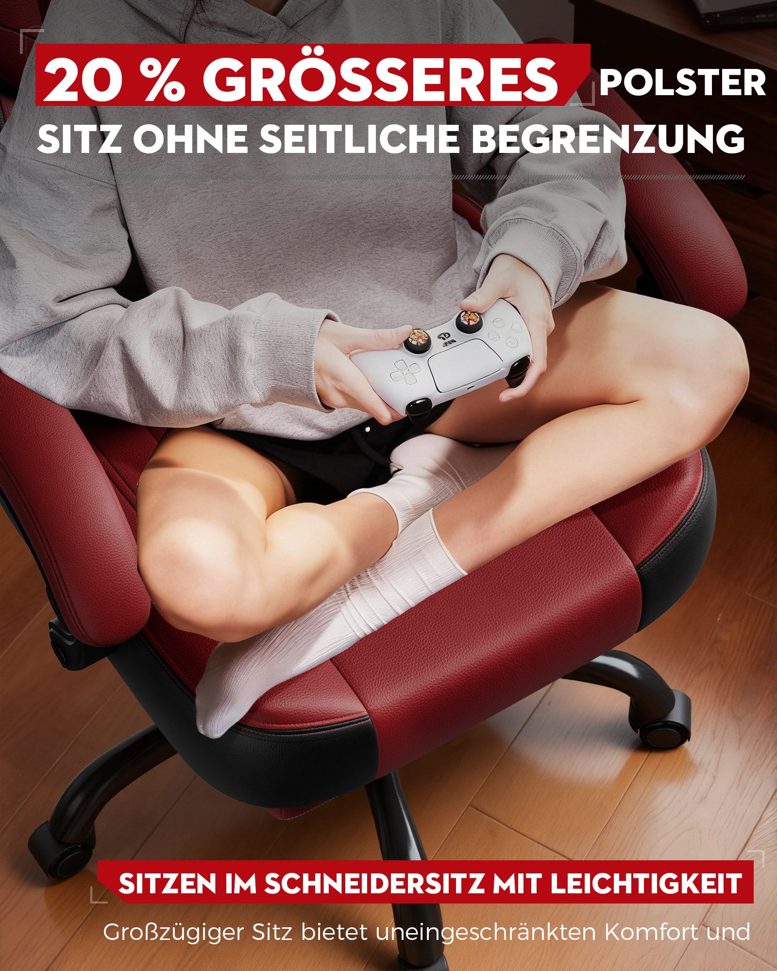 LUCKRACER Gaming-Stuhl Stoff/Kunstleder, Bürostuhl mit verbundenen Armlehnen, Memory-Schaum, 90–155° Neigungswinkel und Fußstütze