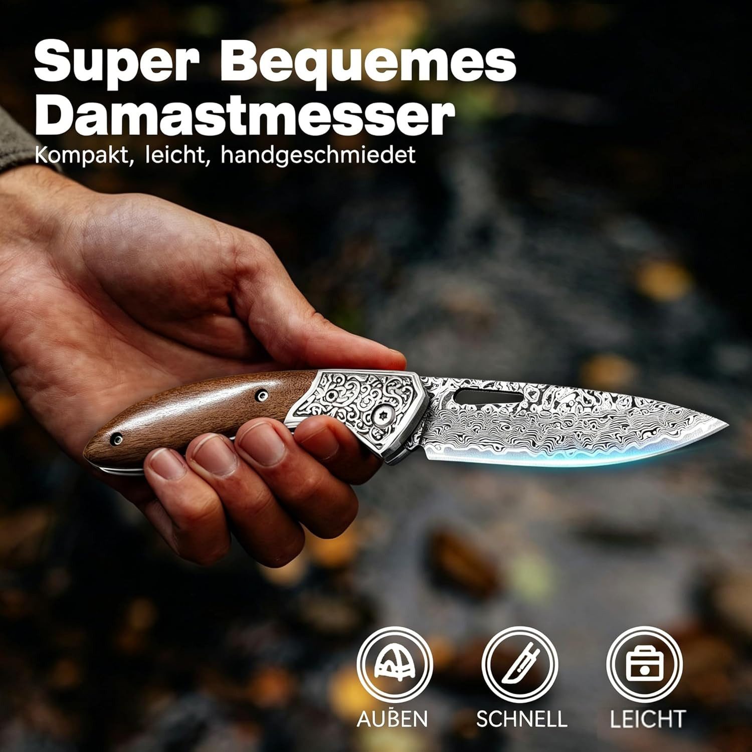 KingLux Damastmesser Damast Taschenmesser Klappmesser mit Damaststahl Klinge