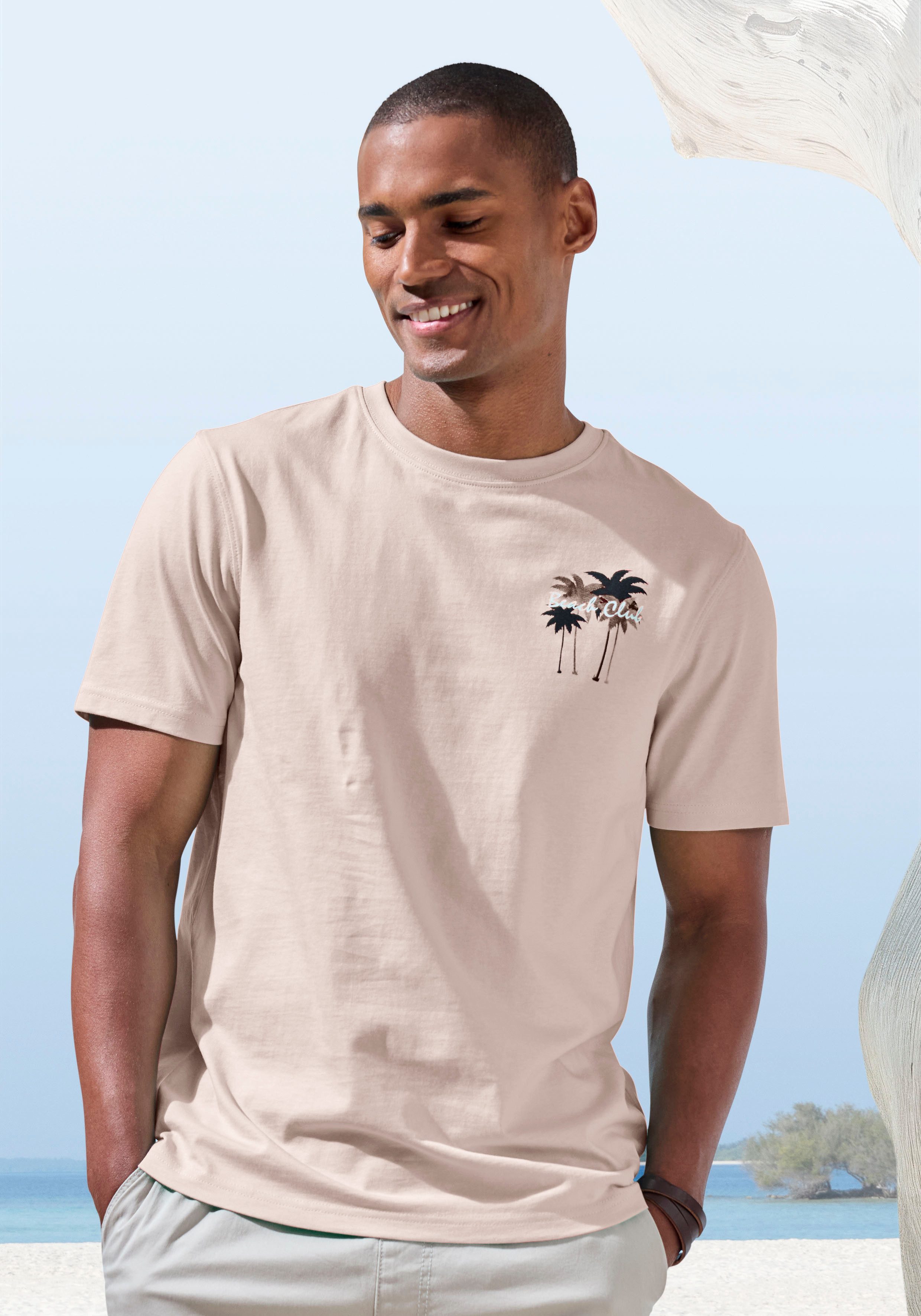 Beachtime T-Shirt, sommerliches Shirt mit modischem Palmen Print Regular-Fit, mit kleinem Print vorn und großem Print hinten