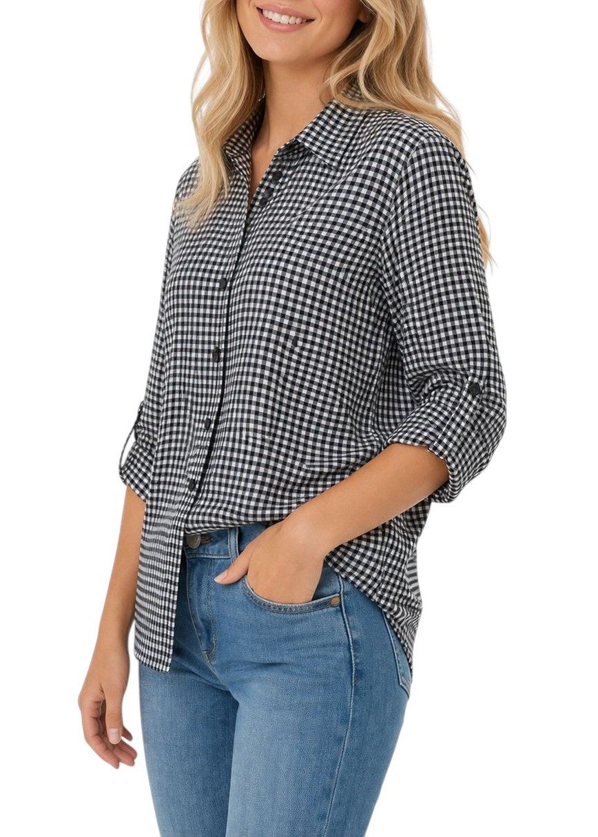 Hemdbluse Damen Bluse kariert aus Baumwolle – Hemdbluse mit 3/4-Arm Gr. 36-40