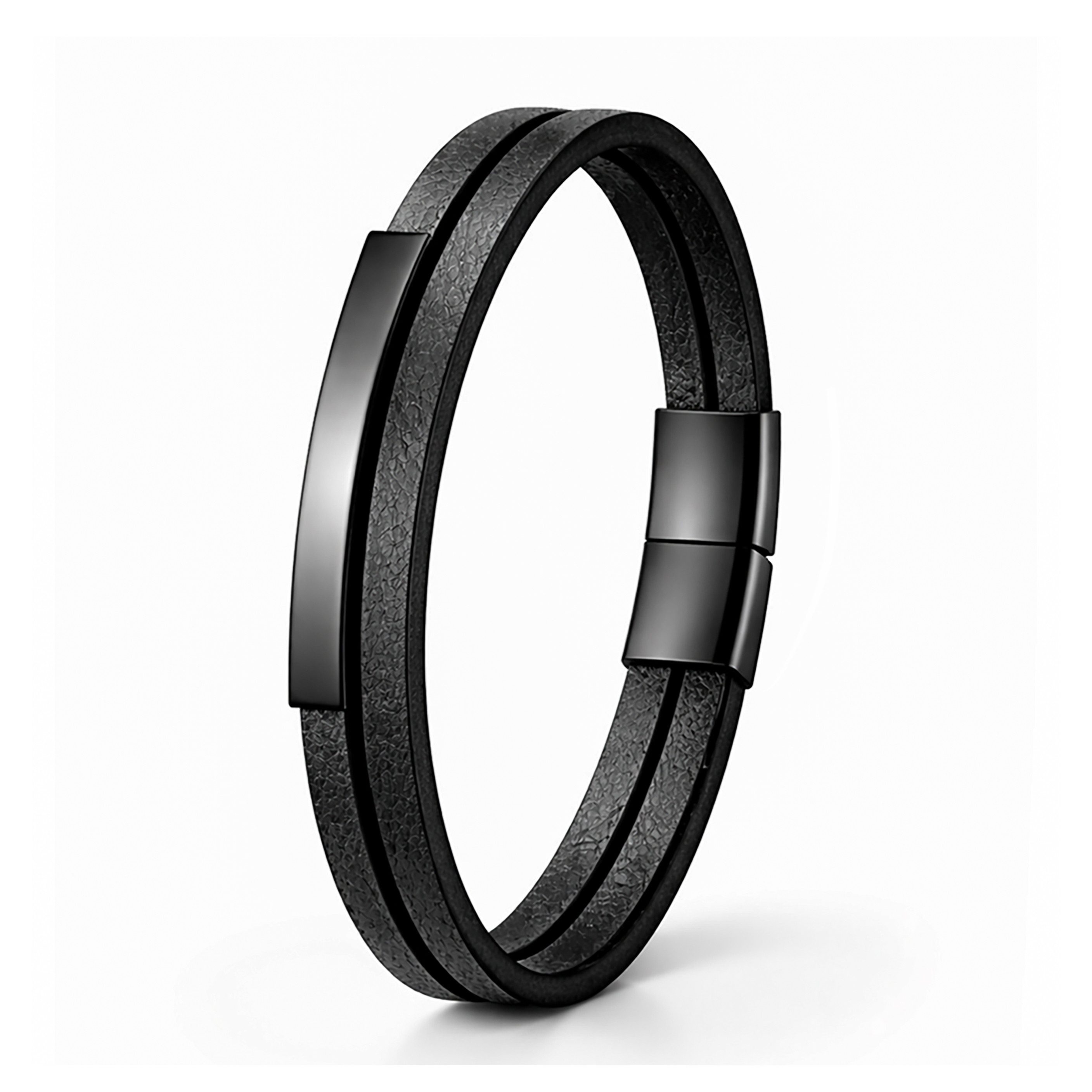 UNIQAL.de Lederarmband " LITTLE PLATE" 2-reihig Schwarz Unisex mit Edelstahl-Element (Sauber Verarbeitet, Sicherer Magnetverschluss, Zeitloses Design, Qualitätsmaterial, Handgefertigt), Geschenk für Sie & Ihn