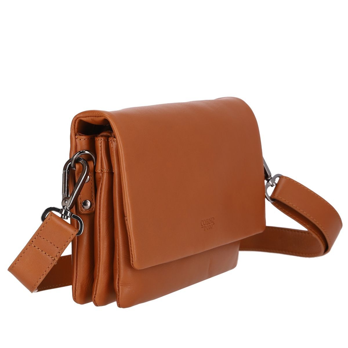 Corno d´Oro Schultertasche Damen Leder Klein Handmade Umhängetasche Echt Leder cognac, mit breitem verstellbarem Schultergurt; leichtes Gewicht von 370gr