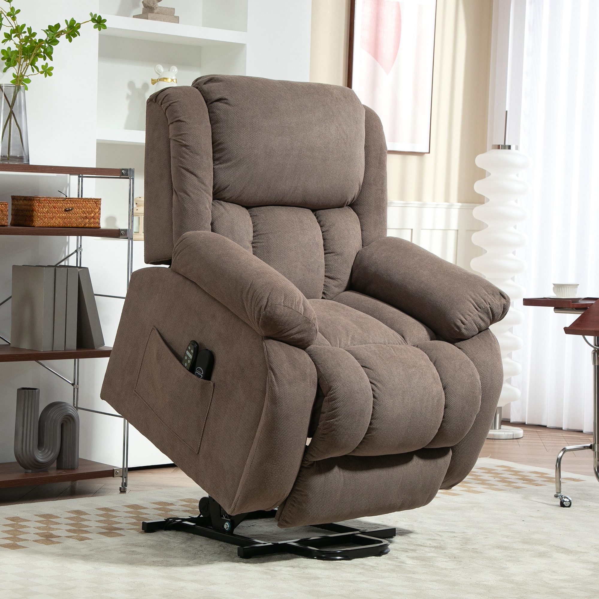 HOMCOM Relaxsessel Massagefunktion Massagesessel mit Breite Sitz USB (TV-Sessel mit Heizfunktion, 1-St., Fernsehsessel mit Aufstehhilfe Elektrisch), mit Fernbedienung und Seitentasche, Braun