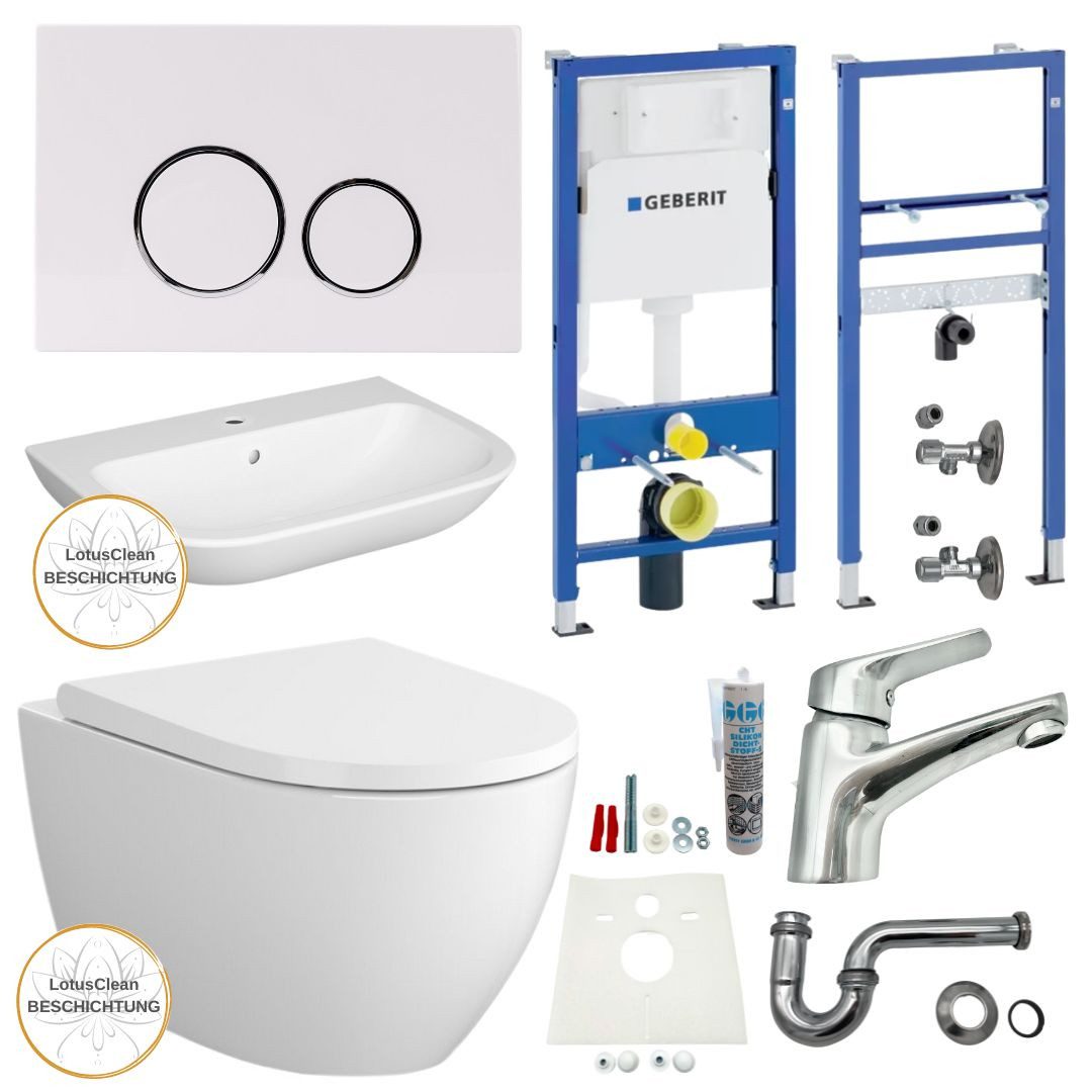 GEBERIT Vorwandelement WC Geberit Spülkasten WC randlos Waschbecken Bad Set, Spar-Set