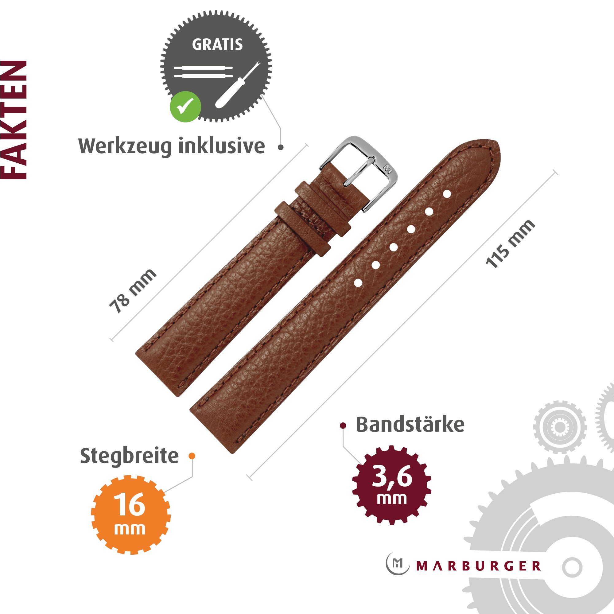 MARBURGER Uhrenarmband 16mm Leder Buffalo Prägung