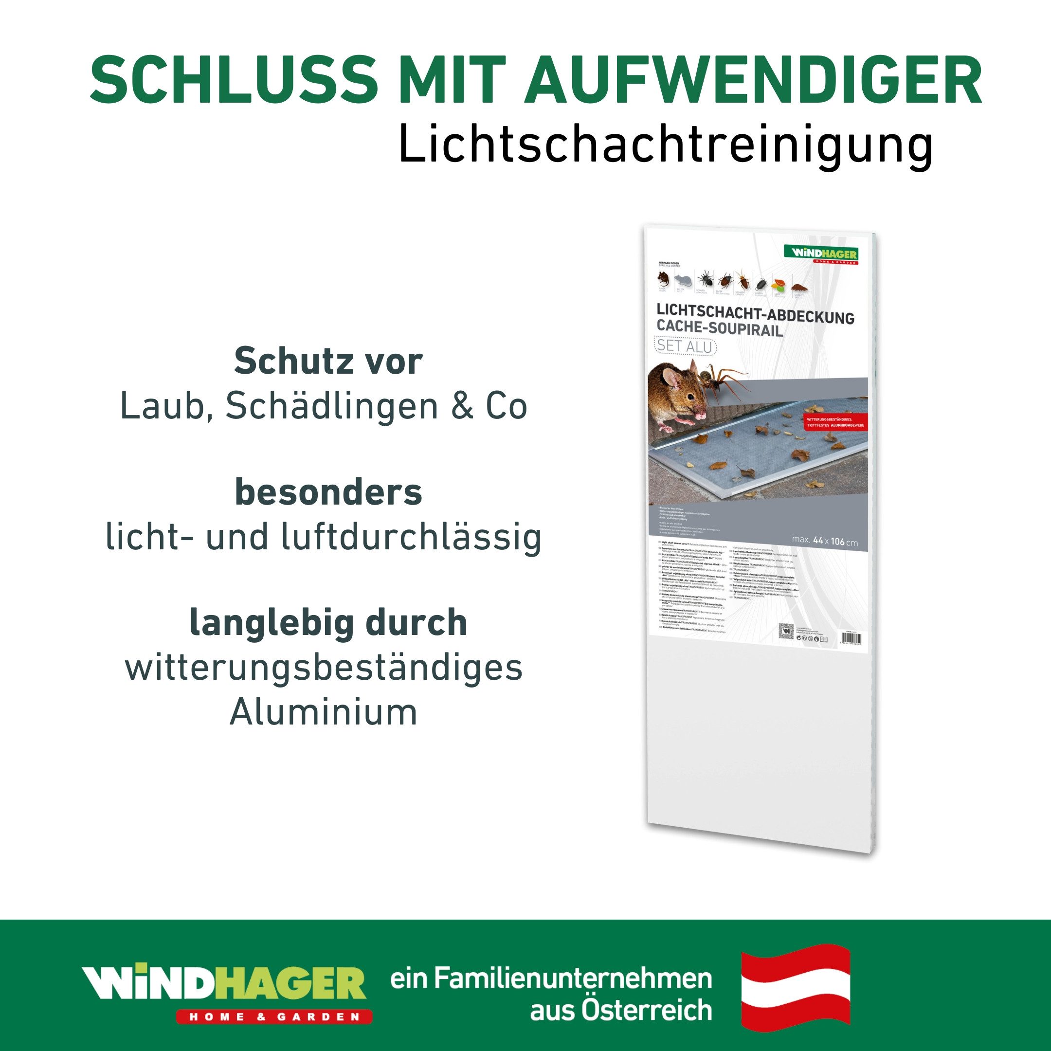 Windhager Lichtschachtabdeckung zuverlässiger Schutz vor Laub, Schädlingen, Kellerschacht Abdeckung, (1-St), individuell kürzbar, Rahmen und Gewebe aus Aluminium, 44 x 106 cm