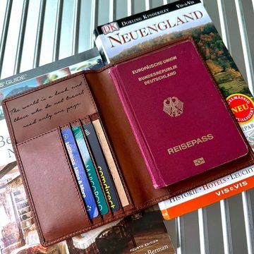 DRAKENSBERG Brieftasche Reisepasshülle »Pete« Vintage-Braun, Lederetui für Reisepass mit vielen Kartenfächern, mit Reisezitat