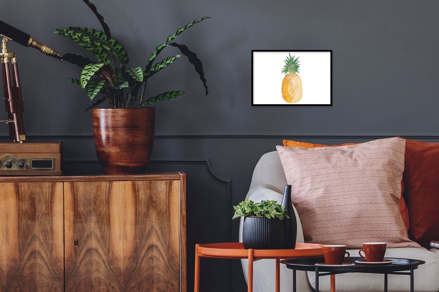 MuchoWow Poster Ananas - Obst - Weiß, (1 St), Gerahmtes Poster, Wanddeko, Bilder, Wandposter, Schwarzem Bilderrahmen