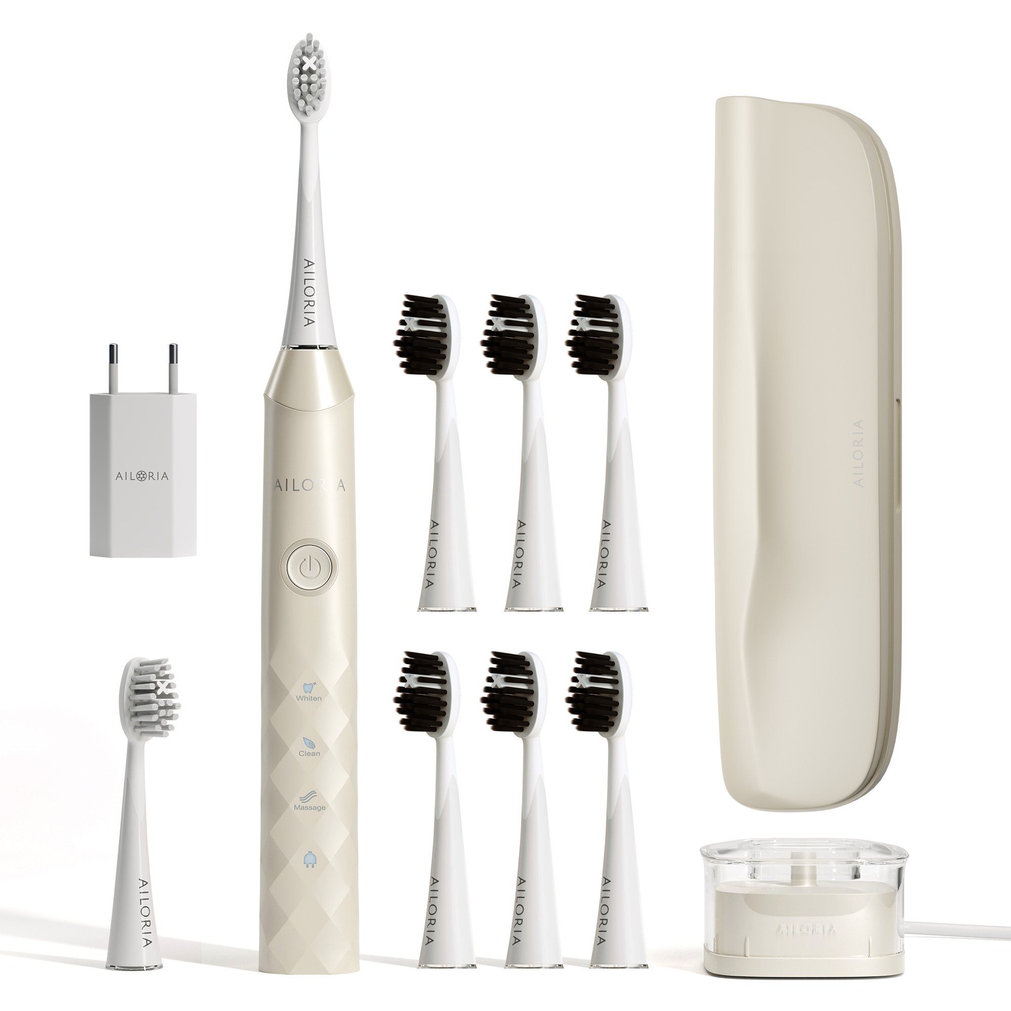AILORIA Schallzahnbürste SHINE BRIGHT SET USB-Schallzahnbürste, Aufsteckbürsten: 8 St., Dynamische Reinigungswirkung