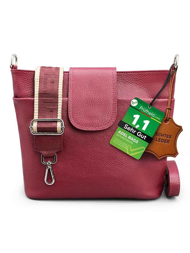 Adel Bags Schultertasche SARA Umhängetasche Damen Bordeaux aus Echtleder Crossbody (Test SEHR GUT, Note 1.1), 20 Farboptionen, Hergestellt in Italien, mit 2 Riemen