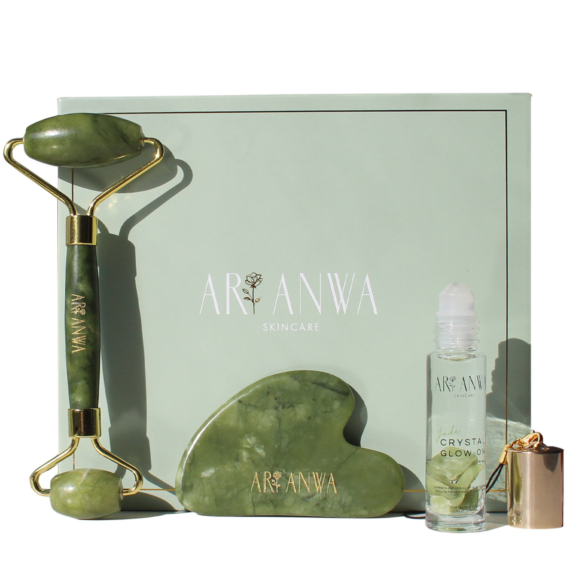 ARI ANWA Skincare Wellness-Pflegeset The Glow Kit Jade I Jade Roller + Gua Sha + Roll On mit Rosenwasser«