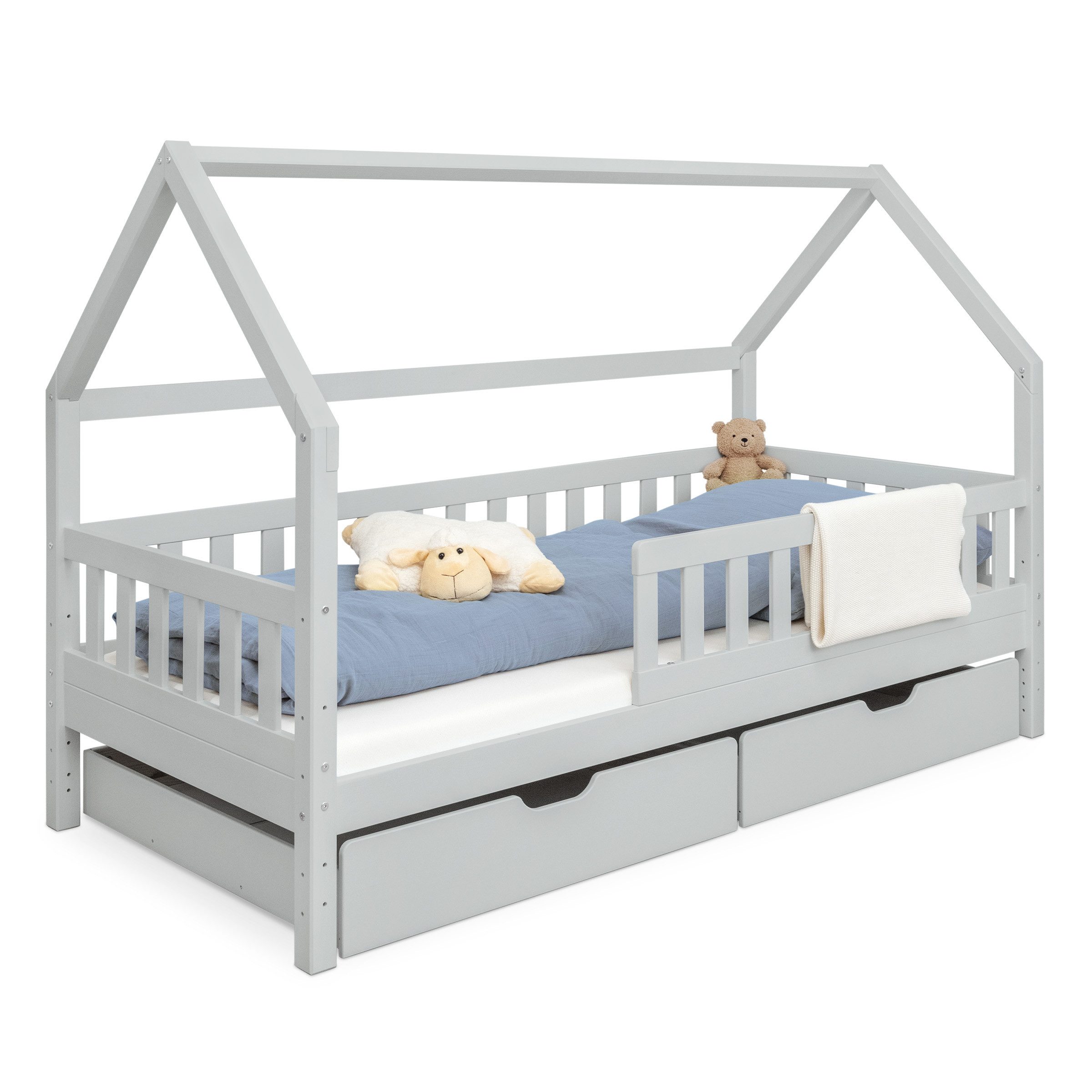 Ehrenkind Hausbett Lille aus massivem Kiefernholz (mit abnehmbarem Rausfallschutz aus massivem Holz, Erhältlich in Natur und Weiß Kinderbett 80x160/90x200 cm), höhenverstellbar, nachhaltiges Kiefernholz, hergestellt in Europa