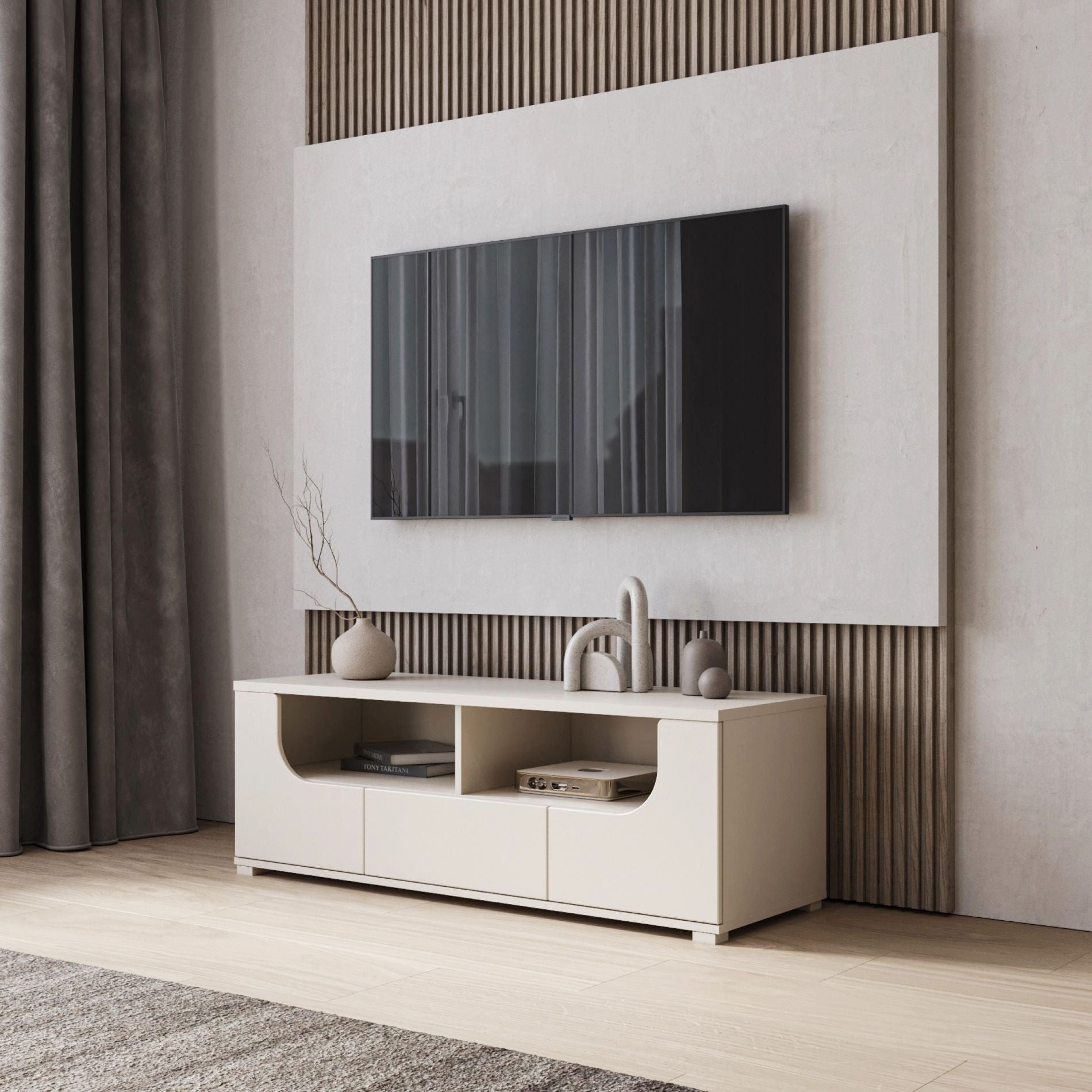 Selsey TV-Schrank VALLES 2-türig mit Schublade und offenen Fächern, Kaschmirgrau, 130 cm