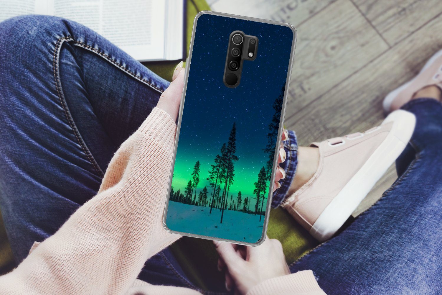 MuchoWow Handyhülle für Xiaomi Redmi 9 Nordlicht - Schnee - Bäume - Natur - Grün, Phone Case, Silikon, Schutzhülle Dünn