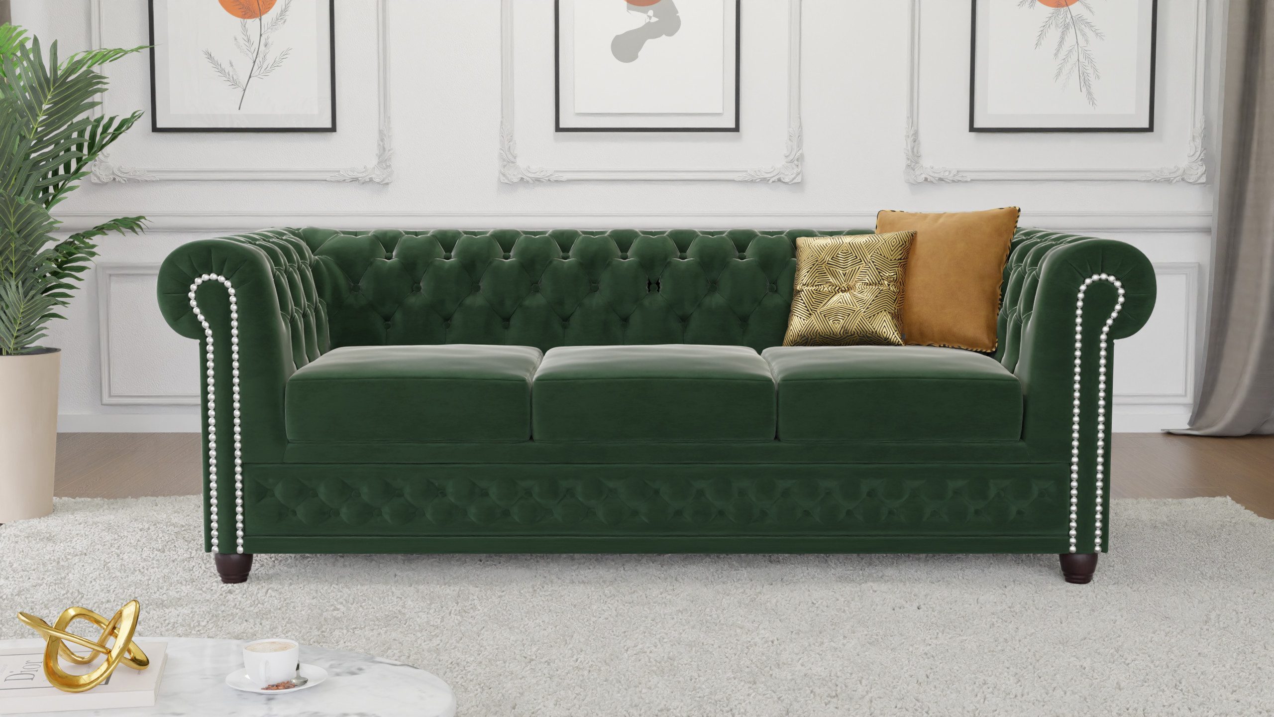 S-Style Möbel Chesterfield-Sofa Lena 3-Sitzer mit Schlaffunktion Samt Bezug