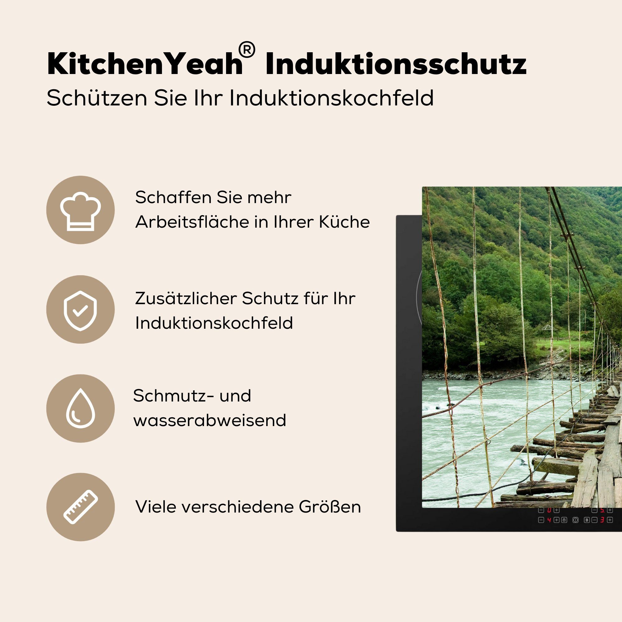 MuchoWow Herdblende-/Abdeckplatte Brücke - für die küche, Ceranfeldabdeckung cm, tlg), (1 Schutz Holz 71x52 Vinyl, Fluss, Induktionskochfeld 