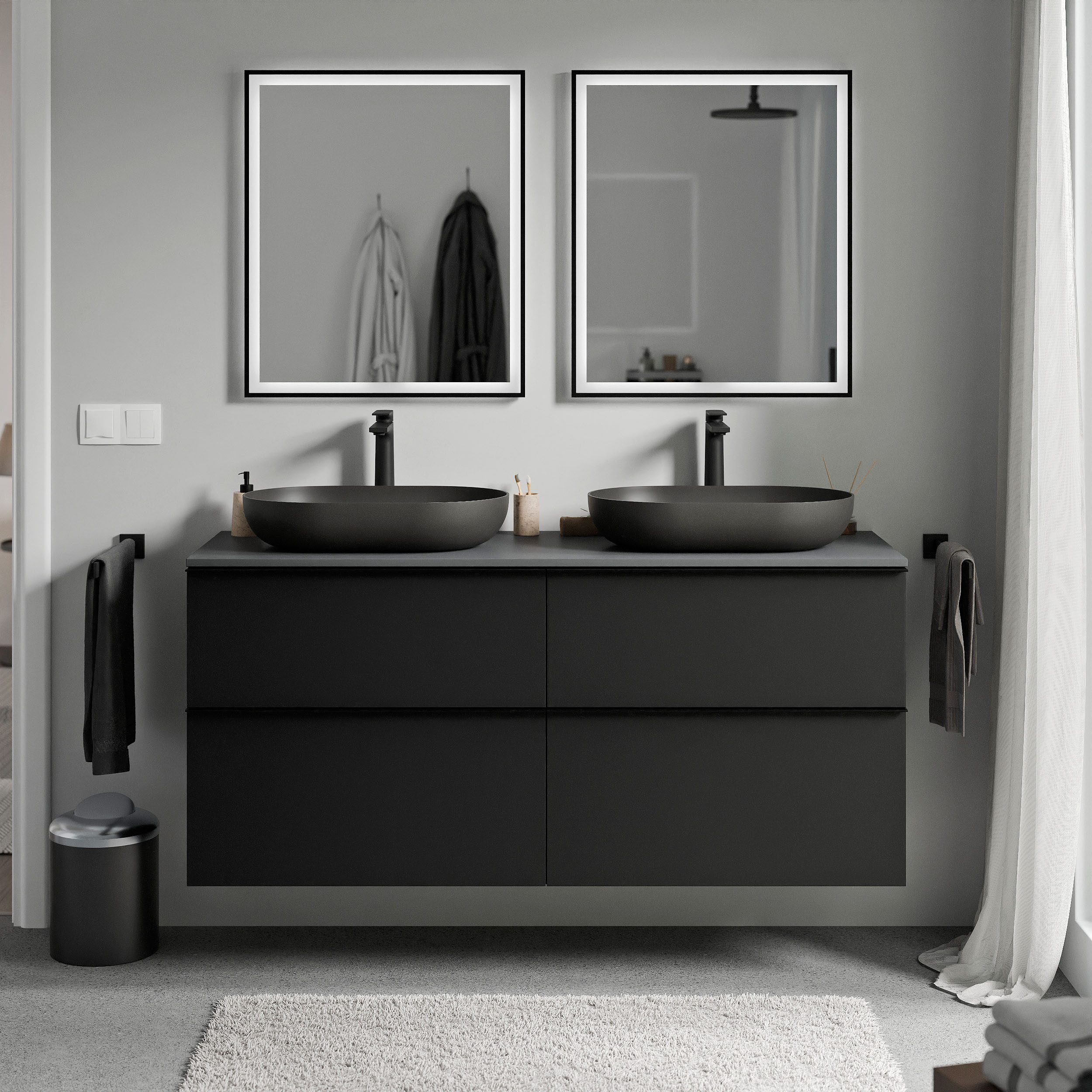 Bernstein Waschbeckenunterschrank LAVOA 140cm Schwarz matt PLATTE Anthrazit matt GRIFF Anthrazit matt Waschtischunterschrank mit Waschtischplatte 4 Schubladen