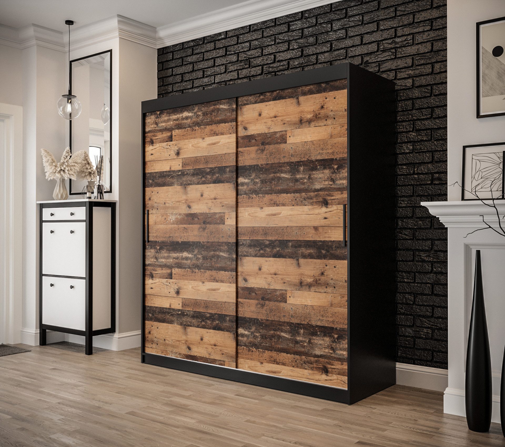 ABIKS MÖBEL Schwebetürenschrank OLD STYLE T Schlafzimmerschrank - Schiebetüren, Kleiderstange, Regalen