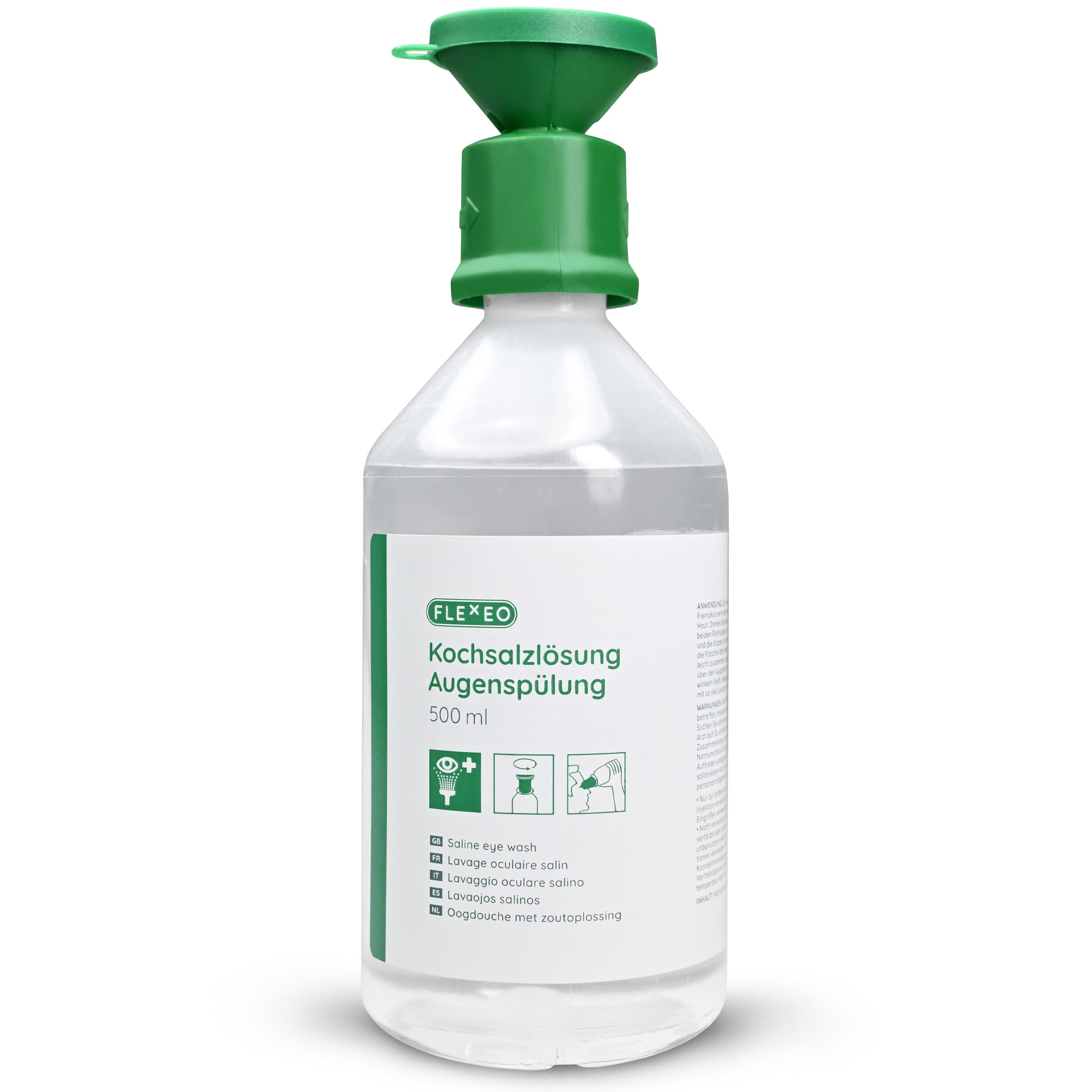 FLEXEO Erste-Hilfe-Set Augenspülflasche NaCl 500ml, (1 St), Augendusche mit Kochsalzlösung 0,9