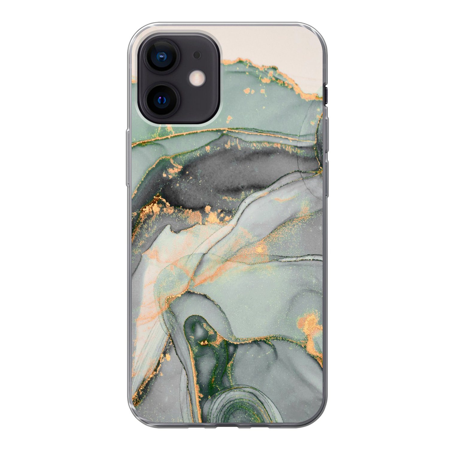 MuchoWow Handyhülle für Apple iPhone 12 Gold - Marmor - Grün - Luxus - Glitzer - Marmoropt, Smartphone-Bumper, Print, Handy Schutzhülle Dünn