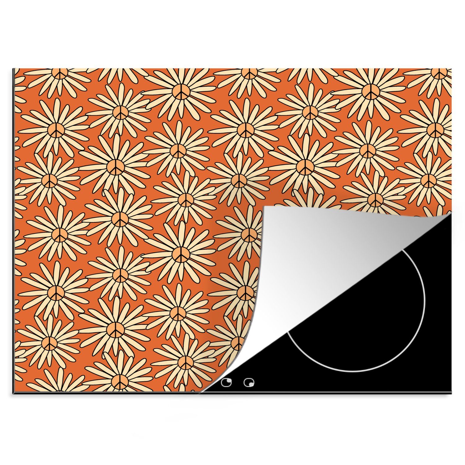 MuchoWow Herdblende-/Abdeckplatte Muster - Vintage - Blume - Orange, Vinyl, (1 tlg), 60x52 cm, Mobile Arbeitsfläche nutzbar, Ceranfeldabdeckung